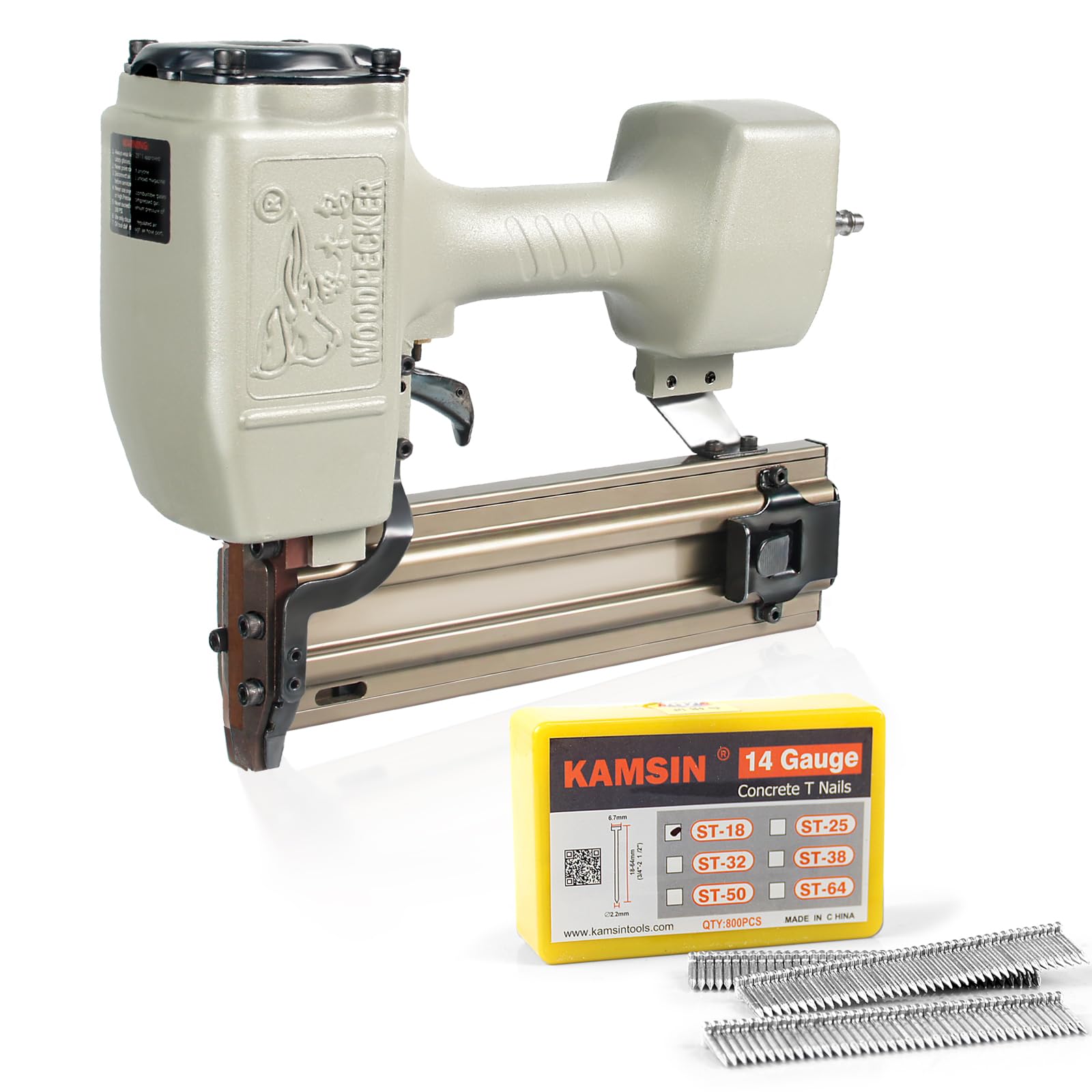 Woodpecker ST64 kit de clavadora neumática para hormigón de alta resistencia con 400 clavos, clavadora para hormigón de 18-64mm de longitud de pata para carpintería, muebles