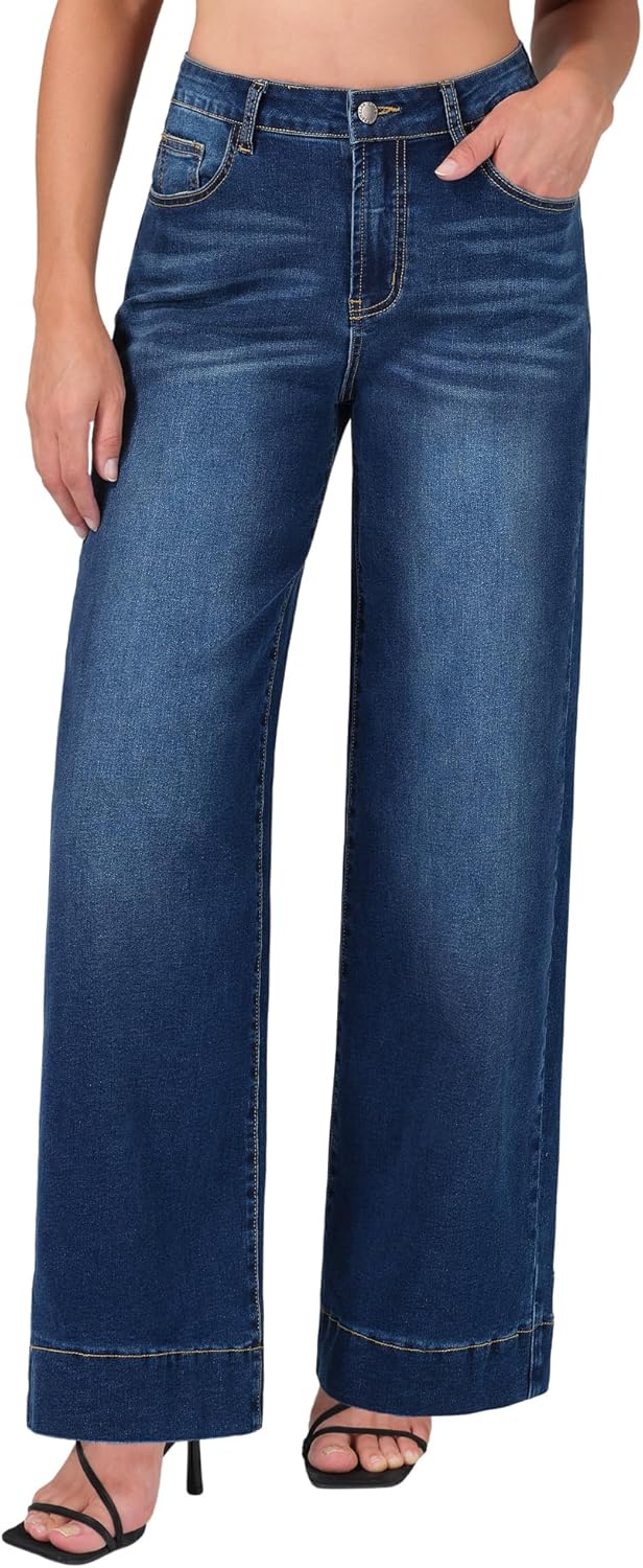 roswear Women’s Wide Leg Jeans Casual High Waisted Stretchy Baggy Loose Long Trouser Jeans