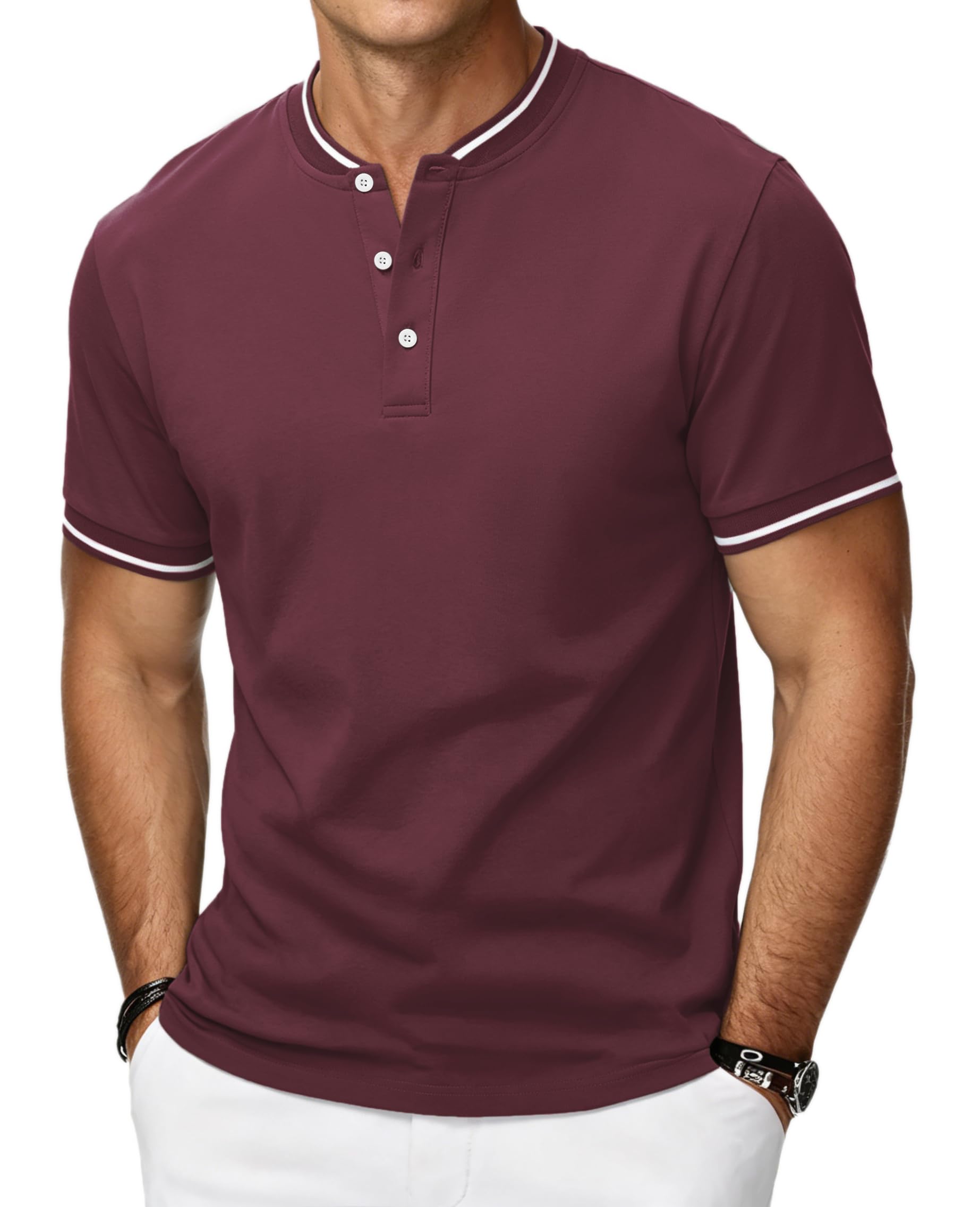 HMIYA Poloshirt Herren Kurzarm Atmungsaktiv Baumwolle Sommer Henley Knopfleiste Kontrastierender Einfassung Basic Golf T-Shirts