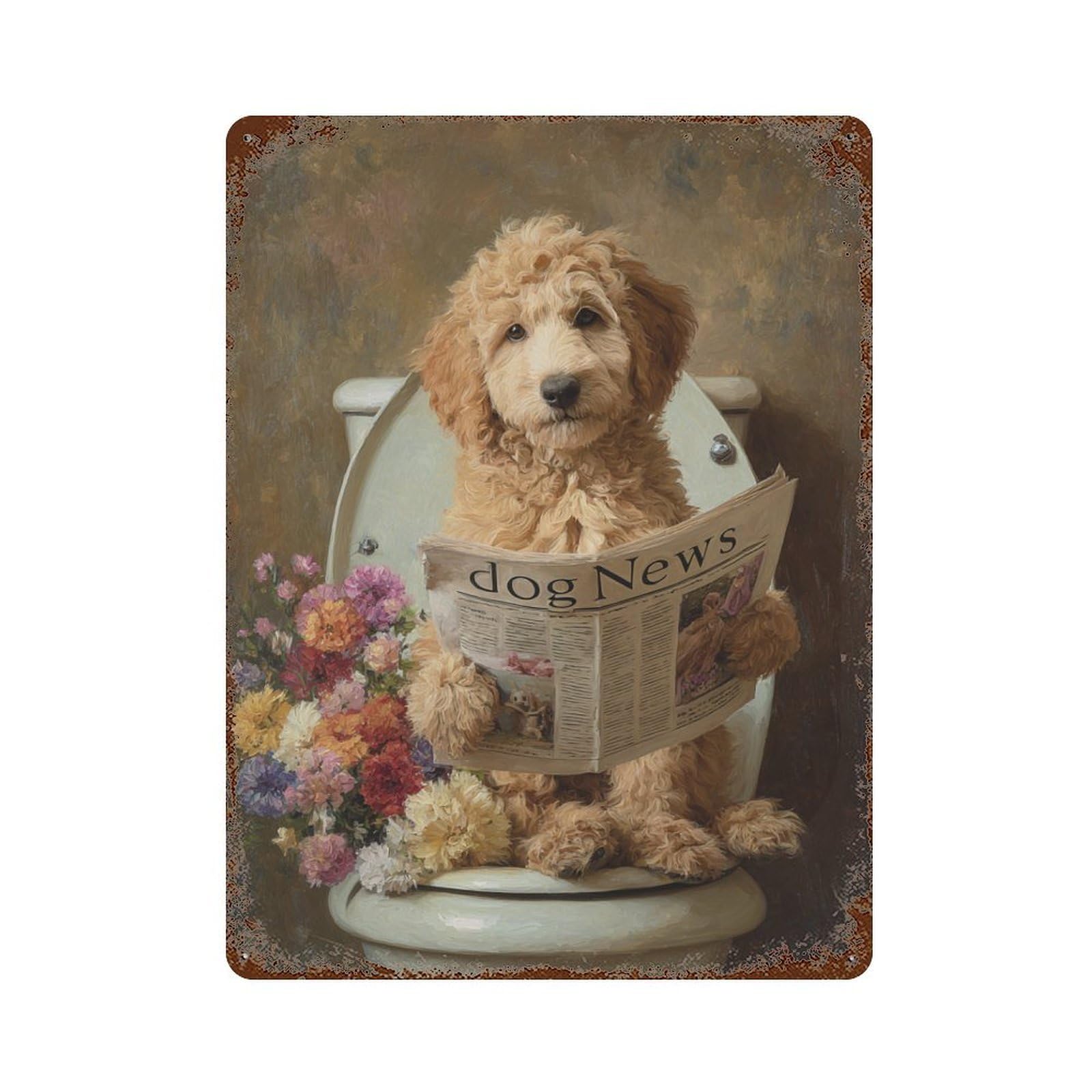 Dog Reading Newspaper on Toilet -4 Distressed Metal Wall Sign 15.7"x11.8", Ideal for Pub, Kitchen And Man Cave Decor