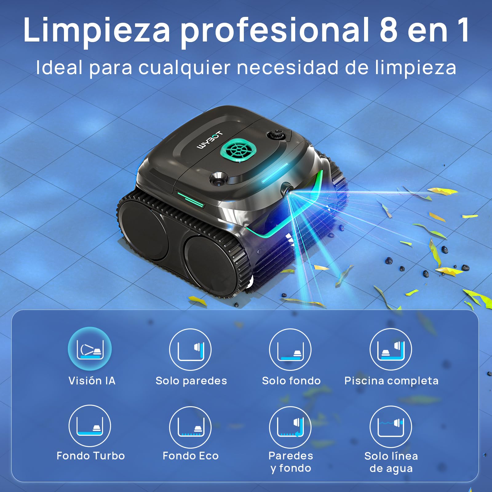 WYBOT C2 Vision Plus Robot de Piscina sin Cable con cámara IA, Robot batería Paredes y Fondo: Potente succión, Doble Filtro, 8 Modos, para Piscinas enterradas 210 m² – Verde Medianoche