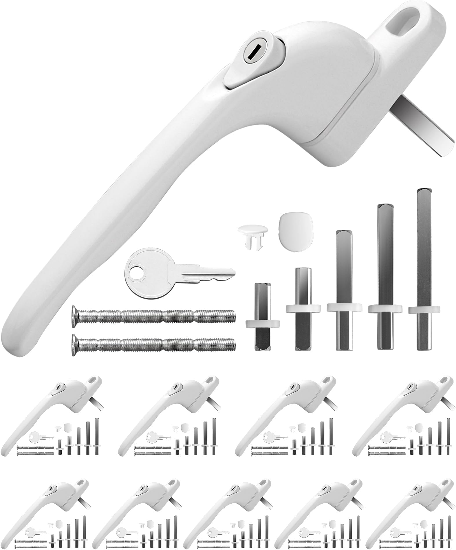 Universal UPVC Window Handles 10Pack with 5 Multi-Size Spindles & Cuttable Screws 360° Rotation Lockable PVC Window Handle with Key White Aluminum Ergonomic Espag Replacement Handle