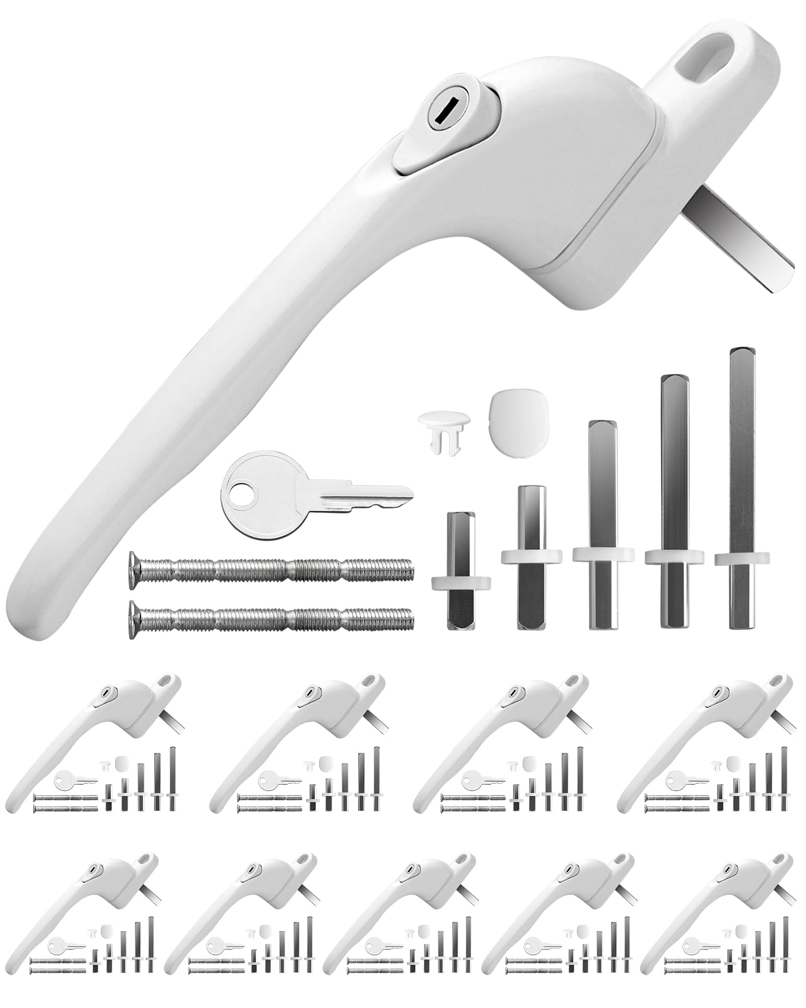 Universal UPVC Window Handles 10Pack with 5 Multi-Size Spindles & Cuttable Screws 360° Rotation Lockable PVC Window Handle with Key White Aluminum Ergonomic Espag Replacement Handle
