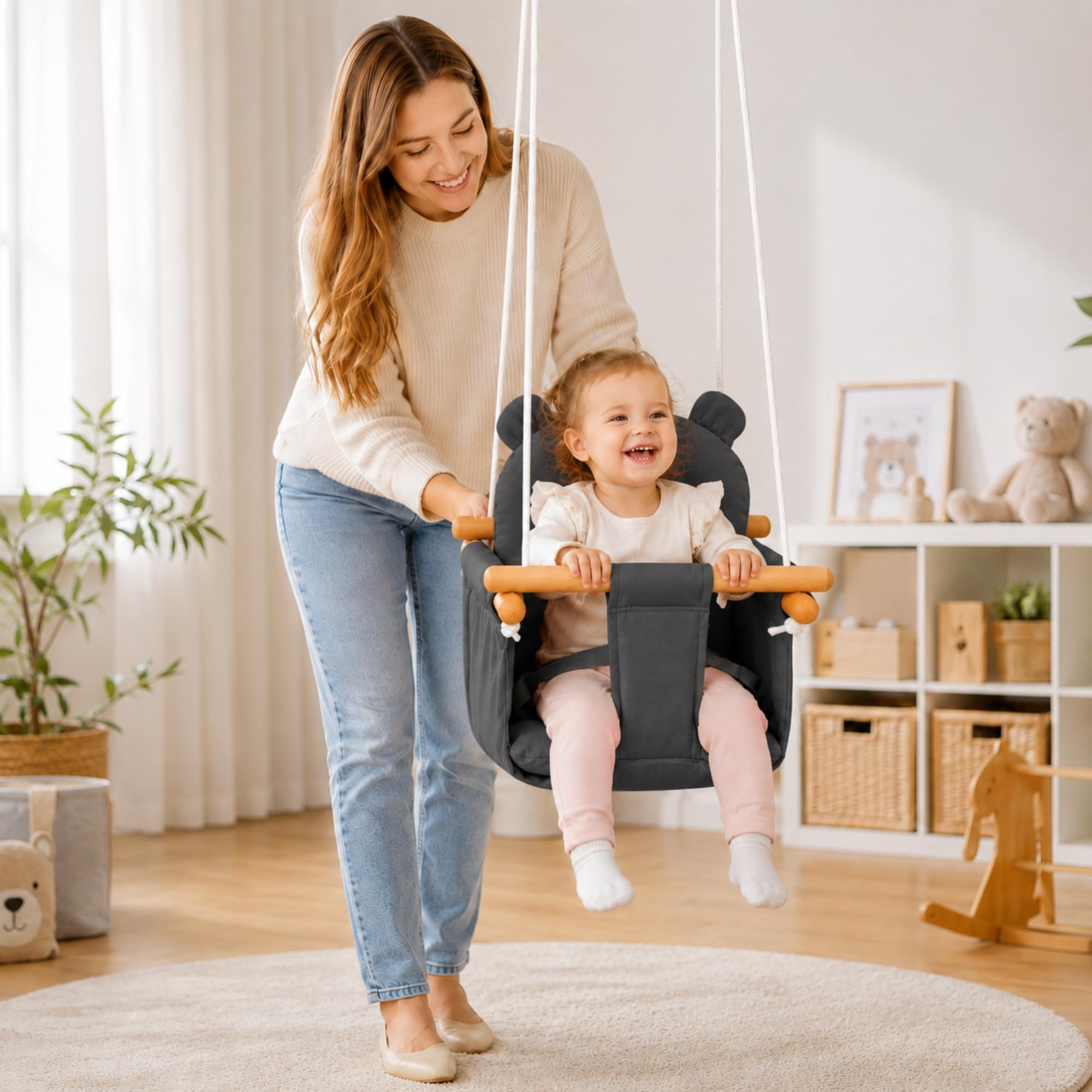 Columpio para bebés y niños pequeños, 100% algodón y madera de haya, con cinturón de seguridad, altura regulable, hasta 30 kg, diseño de oso, color gris