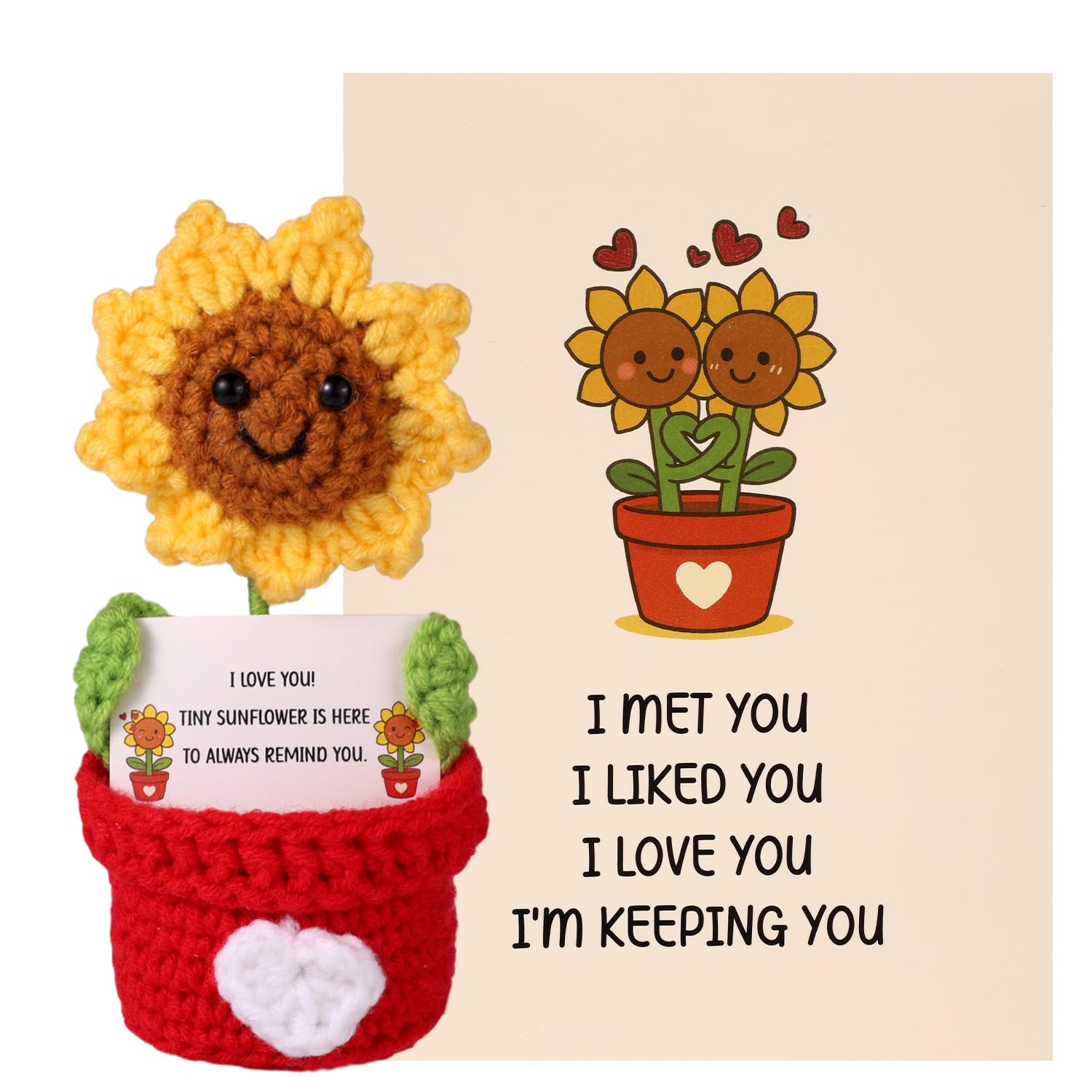 TOYMIS Positive Sunflower Doll, Handmade Crochet Sunflower with Positive Card Cute Knitted Flower Doll for Family Friends Coworker