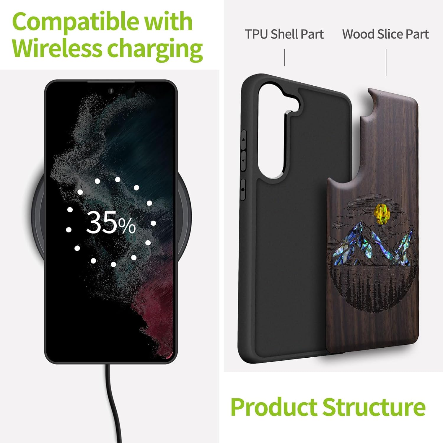 Carveit Designer Wooden Case for Samsung Galaxy S23 Cover [Wood Engraving & Shell Inlay] Compatible with Wireless Chargers S23 Case (Alpine Lakes-Blackwood)