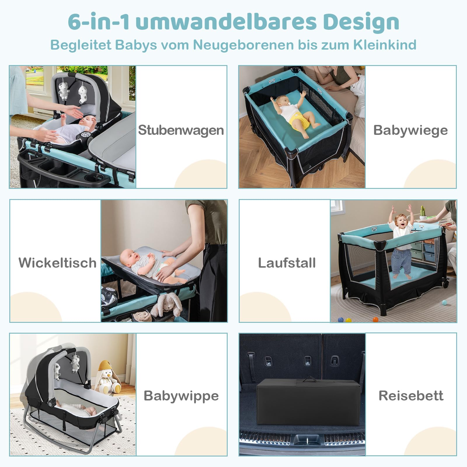DREAMADE Reisebett mit Matratze,6-in-1 Babybett, Reisegitterbett mit Bassinet, Windelwechsel Tisch, Aufbewahrungstasche, Musikbox, Hängespielzeug, Abschließbare Räder, für 0-36 Monate (Grün)