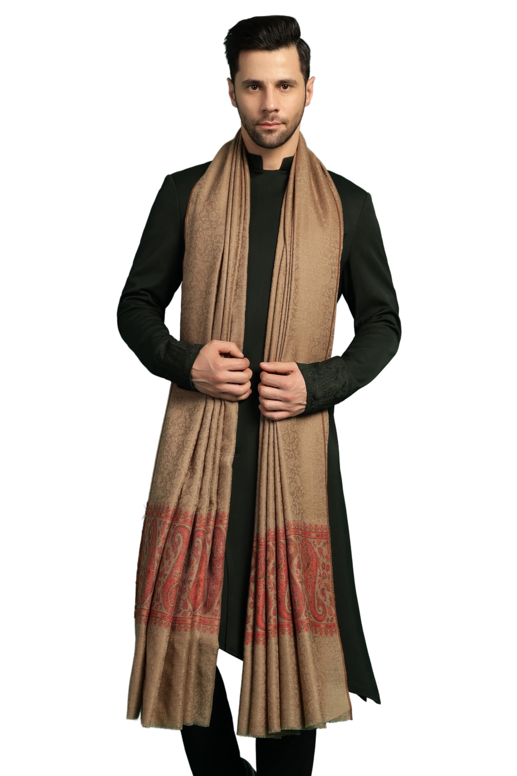 Mens Extra Fine Wool Shawl, Paisley Design, Taupe-image-25