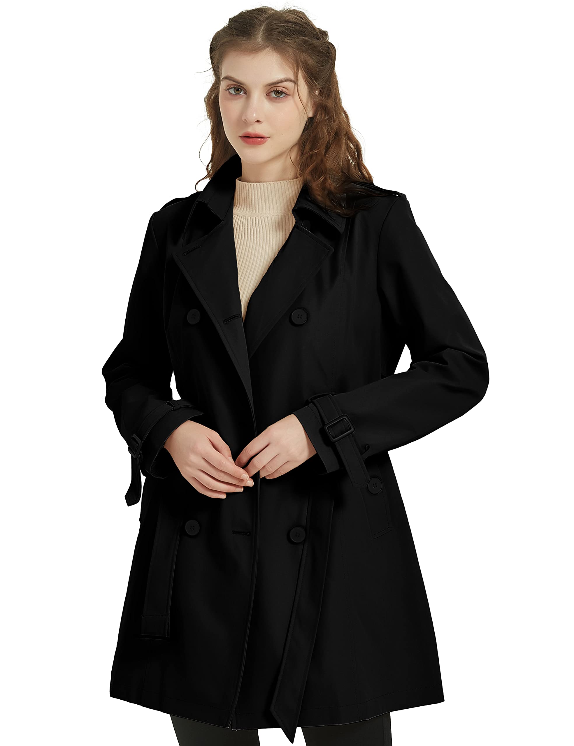Wantdo Cappotto Primaverile da Donna Doppiopetto Lungo Trench Antivento Idrorepellente Leggera Casuale Giubbotto con Cintura Slim Fit