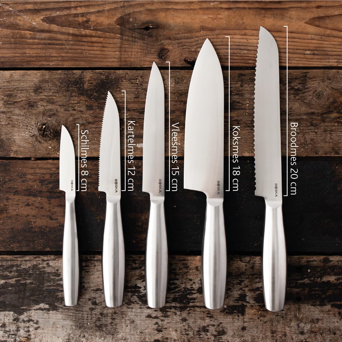 BOSKA Küchenmesser set Copenhagen 5-teilig - Kochmesser - Messerset - Inkl. Brotmesser - Scharfes Küchenmesser - Edelstahl - Messer - Spülmaschinenfest