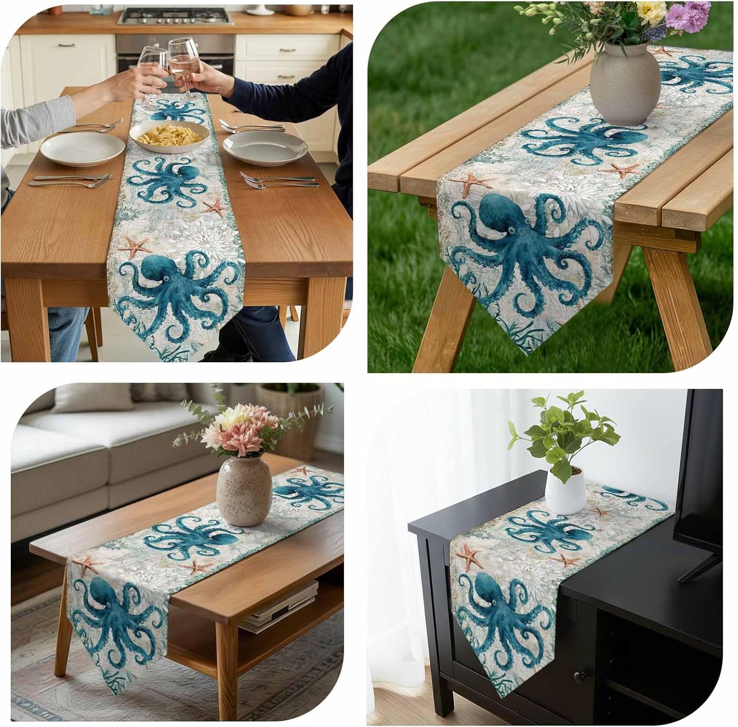 Blue Watercolor Cotton Linen Table Runner Dresser Scarves Octopus Ocean Animal Nautical Themed Retro Non-Slip Table Settings Decor for Farmhouse Kitchen Home Dining,Holiday Extra Long 13 x108 inch