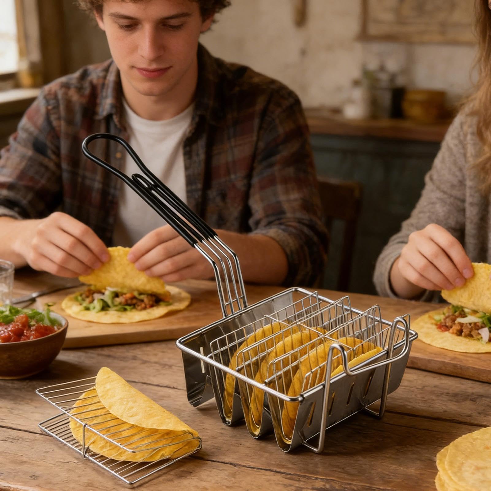 Panier À Tacos Support De Friture À Tortillas En Acier Inoxydable 4 Coques | Panier À Tacos Pour Fêtes Restaurants Traiteur Cuisine Maison Cuisson Pâtisserie Dîners Grillades Plein Air