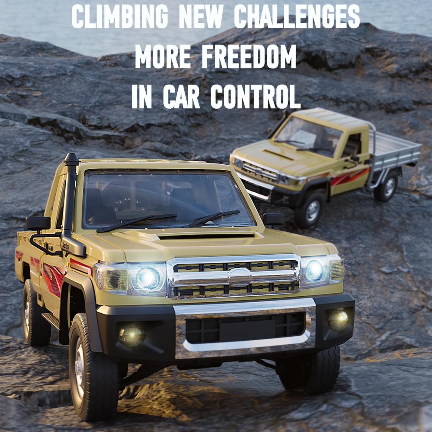 RC Rock Crawler RC Truck, 1:14 Scale Remote Control Car, 2.4GHz All Terrains RC Crawler Off Road RC Pickup Truck with LED Lights and 2 Batteries for Adults (Silver)