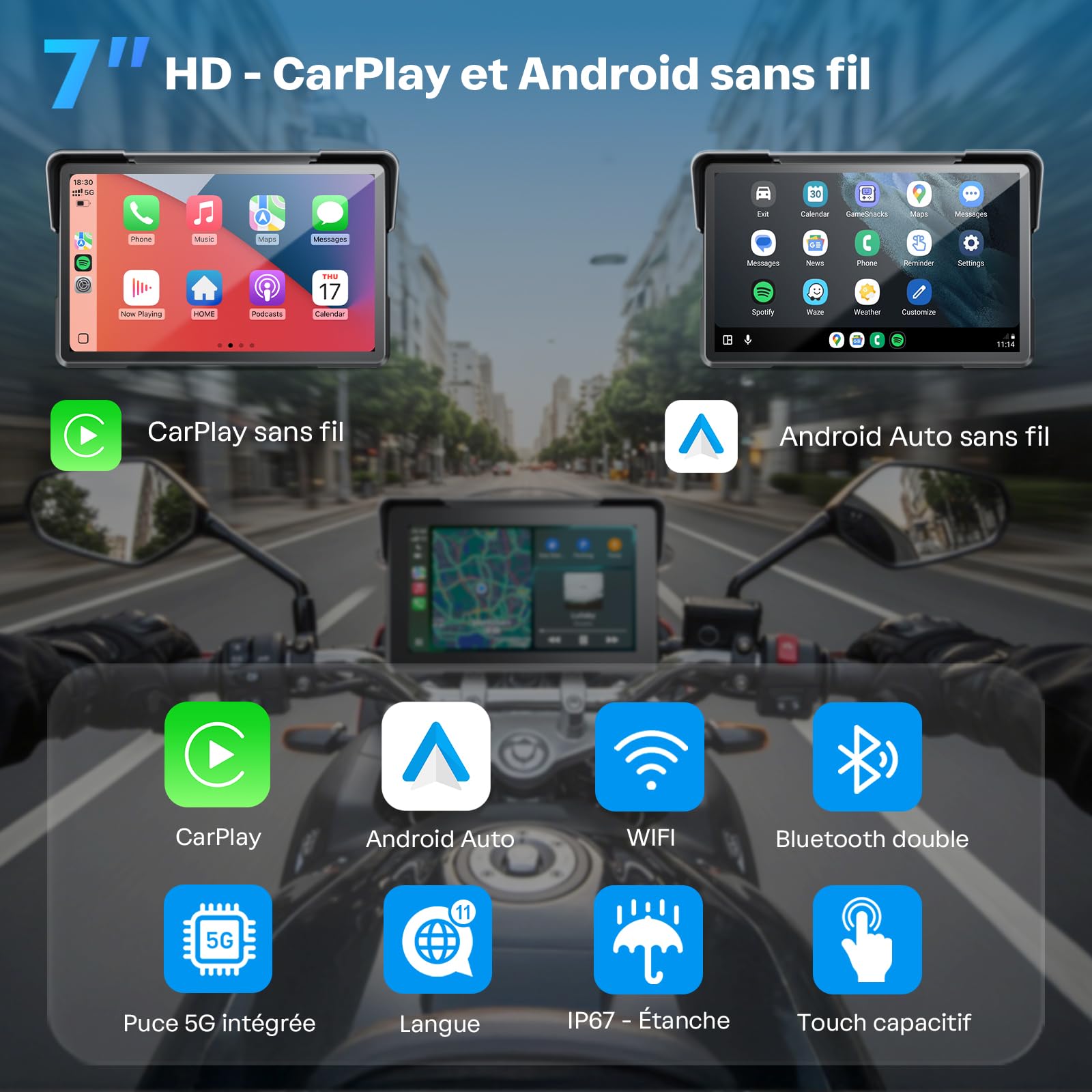 WonVon CarPlay 7 Pouces Système de Navigation GPS pour Moto avec Apple CarPlay et Android Auto écran Portable avec Double Bluetooth, Navigation, Siri, Google Assistant Support magnétique