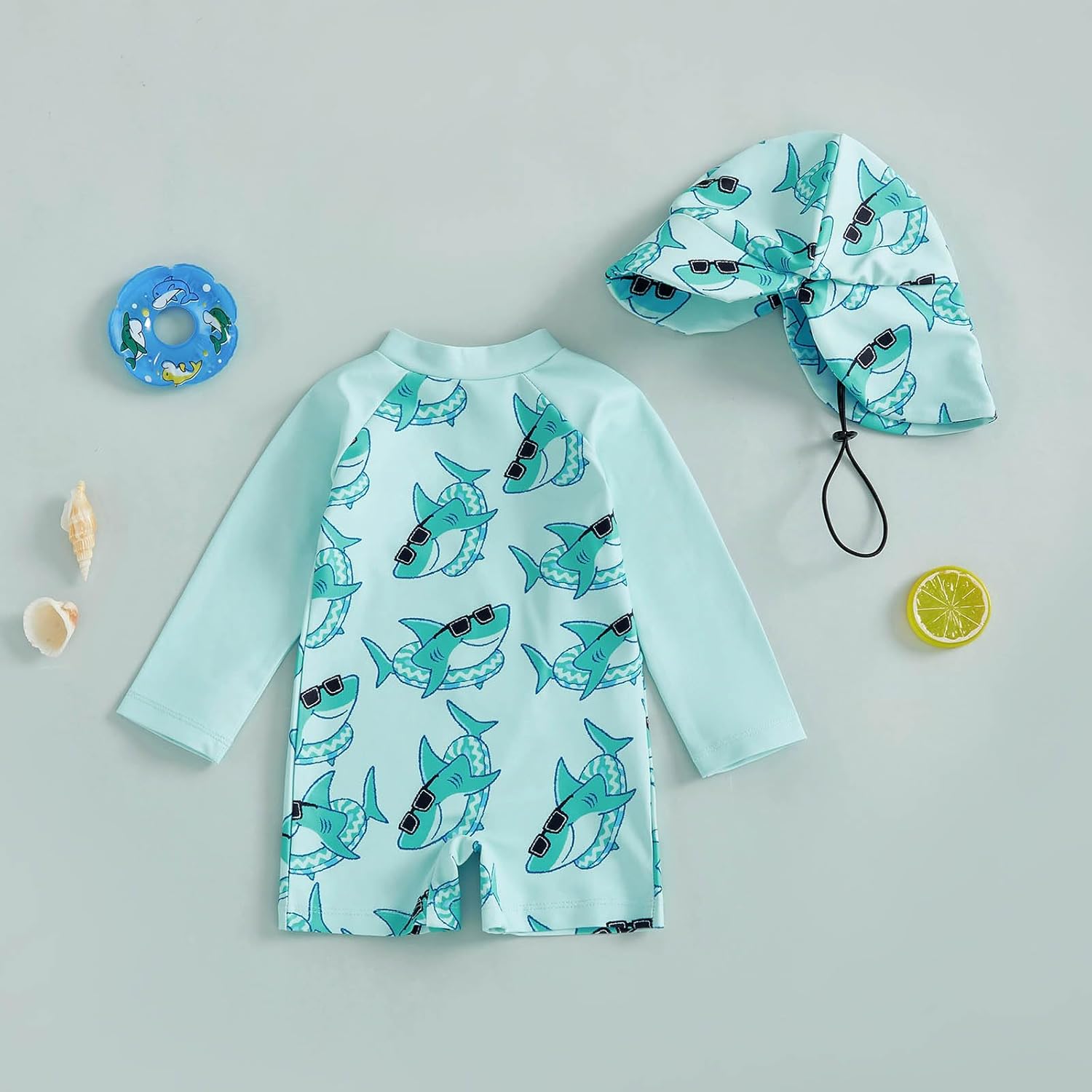 Toddler Baby Boy One Piece Swimsuit Shark Long Sleeve Zip Up Bathing Suit with Sun Cap Infant Rash Guard Swimwear - Image 5