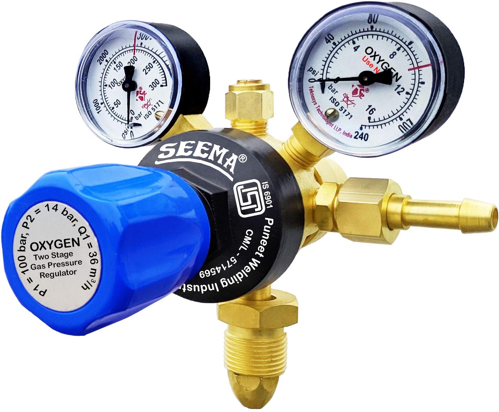 Two Stage Oxygen Gas Pressure Regulator | ISI Certified | Forged Brass | Leak Proof | Accurate Meter Reading | 6 Months Warranty