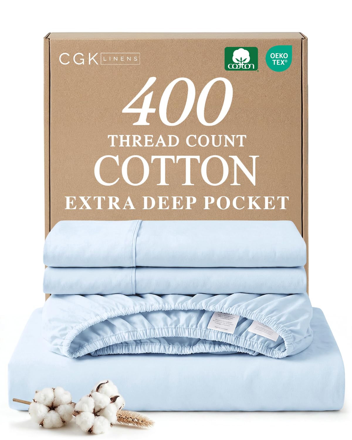 king sheet set - 100% cotton sheets - 4 piece king size cotton bed set with deep pockets up to 16 inches - ultra soft, breathable & cooling - fade and stain resistant - machine washable - light blue
