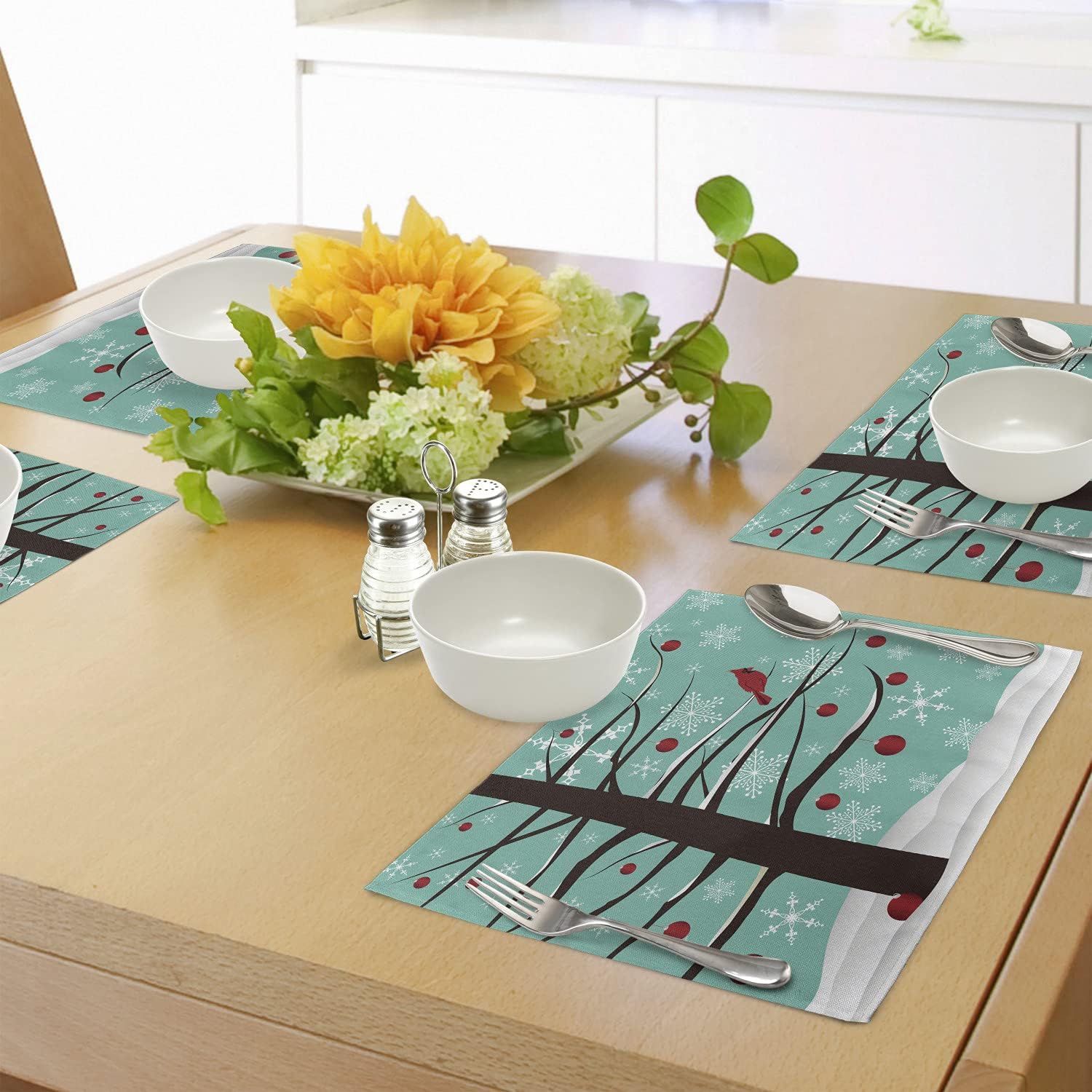 Lunarable Cardinal Place Mats Set of 4, Winter Illustration with Snowflakes and Red Bird Resting on a Tree Branch, Washable Fabric Placemats for Dining Table, Standard Size, Teal Green
