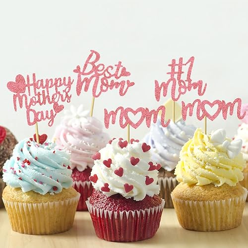 Miniatura 8 de Decoración para cupcakes para el Día de la Madre, 24 piezas con purpurina para fiesta de cumpleaños, suministros de cartón y bambú de primera calidad