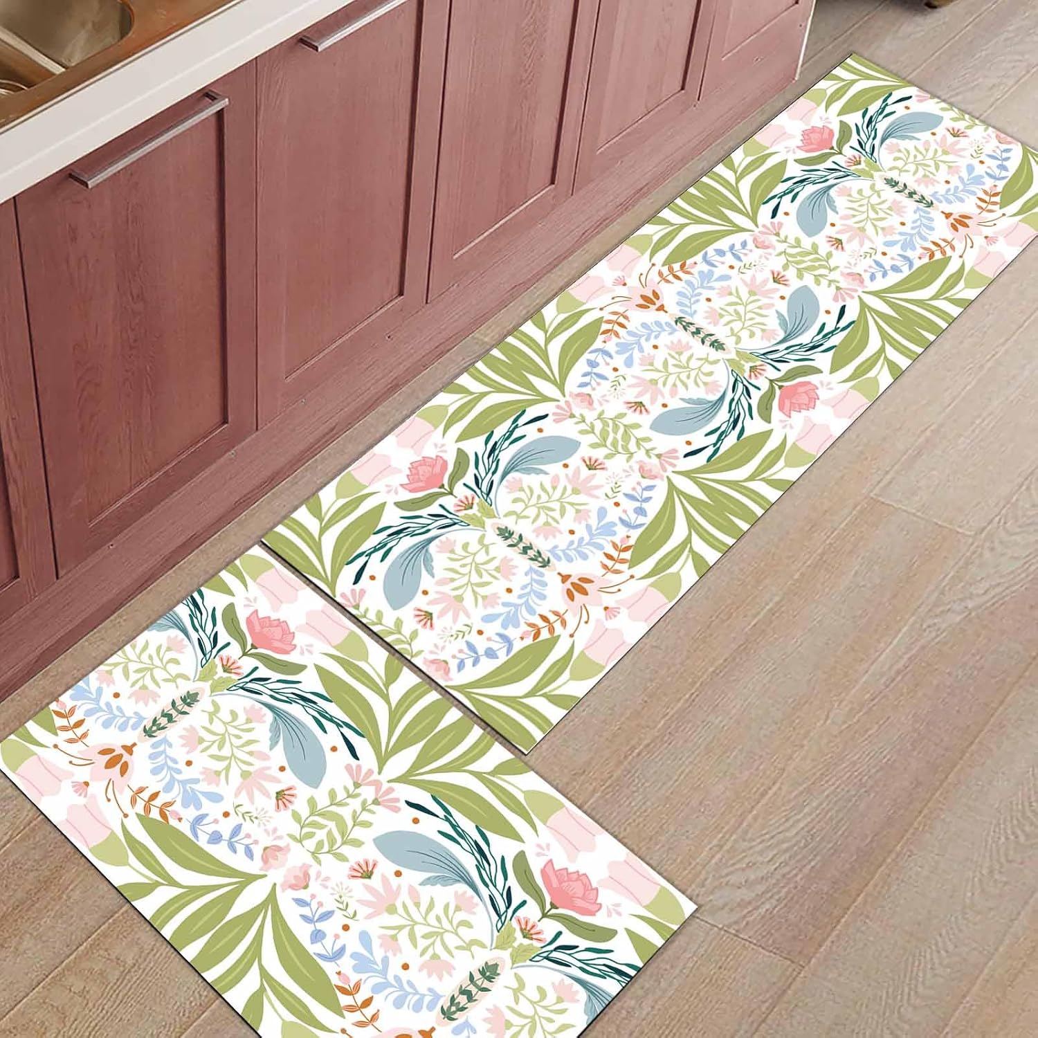 2 Pieces Kitchen Rugs and Mats,Retro Watercolor Flower Leaf Area Runner Rug Set Non Slip Floor Doormat Washable Carpet Standing Mat for Kitchen Sink Indoor Corridor,Boho Floral Botanical Theme