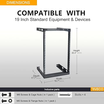 RIVECO 18U 19 Wall Mount Server Rack - 17.7 Deep 2 Post Open Frame Cabinet Easy Assembly Solid Construction for Internet, Network, AV, Data Home Equipment, Patch Panels, Heavy Duty, Lightweight