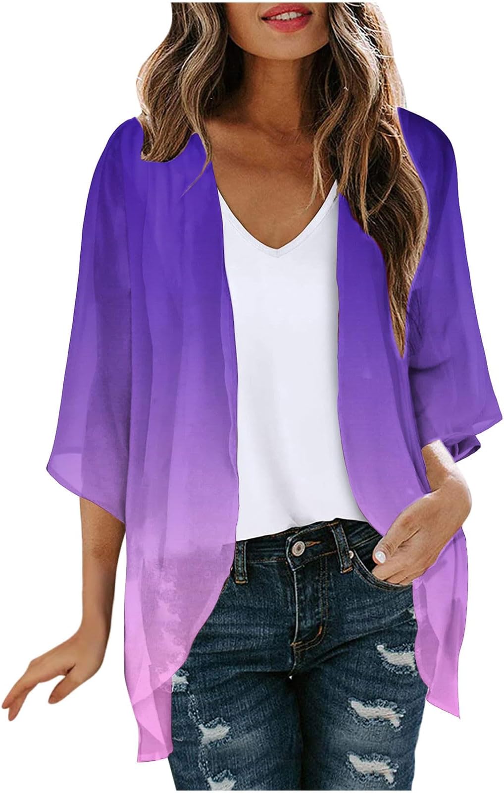 Women's Floral Puff Sleeve Kimono Cardigan Swimsuit Cover Up Blouse Tops Beach Chiffon Shirt Coverups Summer Swimwear