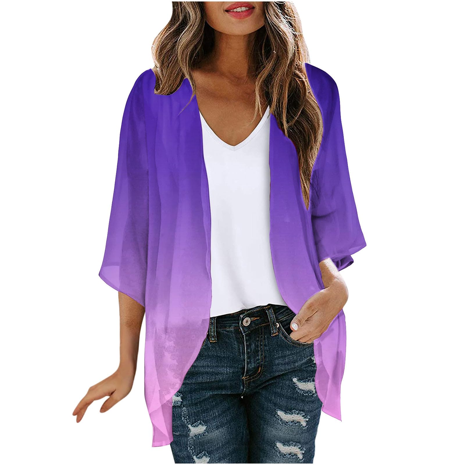 Women's Floral Puff Sleeve Kimono Cardigan Swimsuit Cover Up Blouse Tops Beach Chiffon Shirt Coverups Summer Swimwear