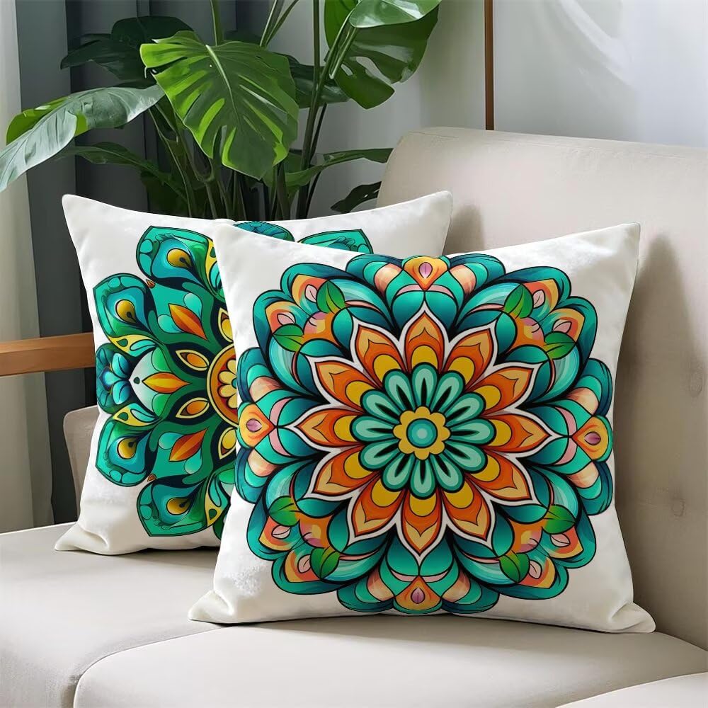 Federe Cuscini Divano 65x65 cm Federe Morbido Copricuscini Verde Smeraldo in Velluto, 2 Pezzi Copri Cuscini per Divano Boho Decorativi Federa Cuscino Mandala per Camera da Letto Soggiorno (IU7)