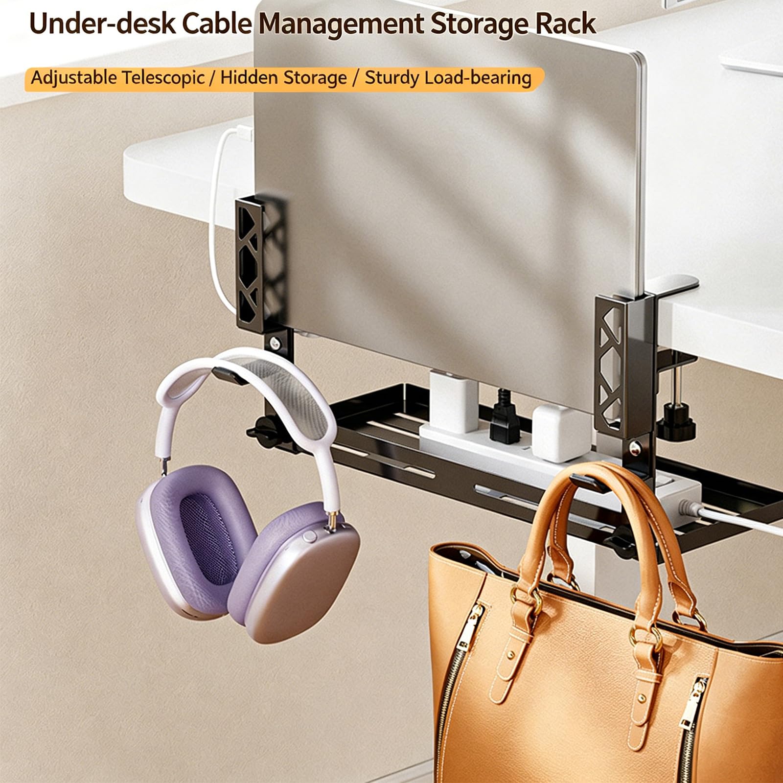 Estante de almacenamiento para debajo de la mesa, bandeja de gestión de cables de metal, organizador de cables para el hogar, oficina, escritorio, caja de gestión duradera para debajo del escritorio