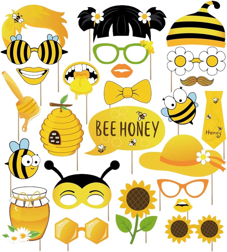 Kristin Paradise 25Pcs Bee Honey Photo Booth Props with Stick, Bumblebee Selfie Props, Bumble First Birthday Party Supplies, Beeday Gender Reveal Baby Shower Theme Backdrop Decorations, Kids 1st Bday