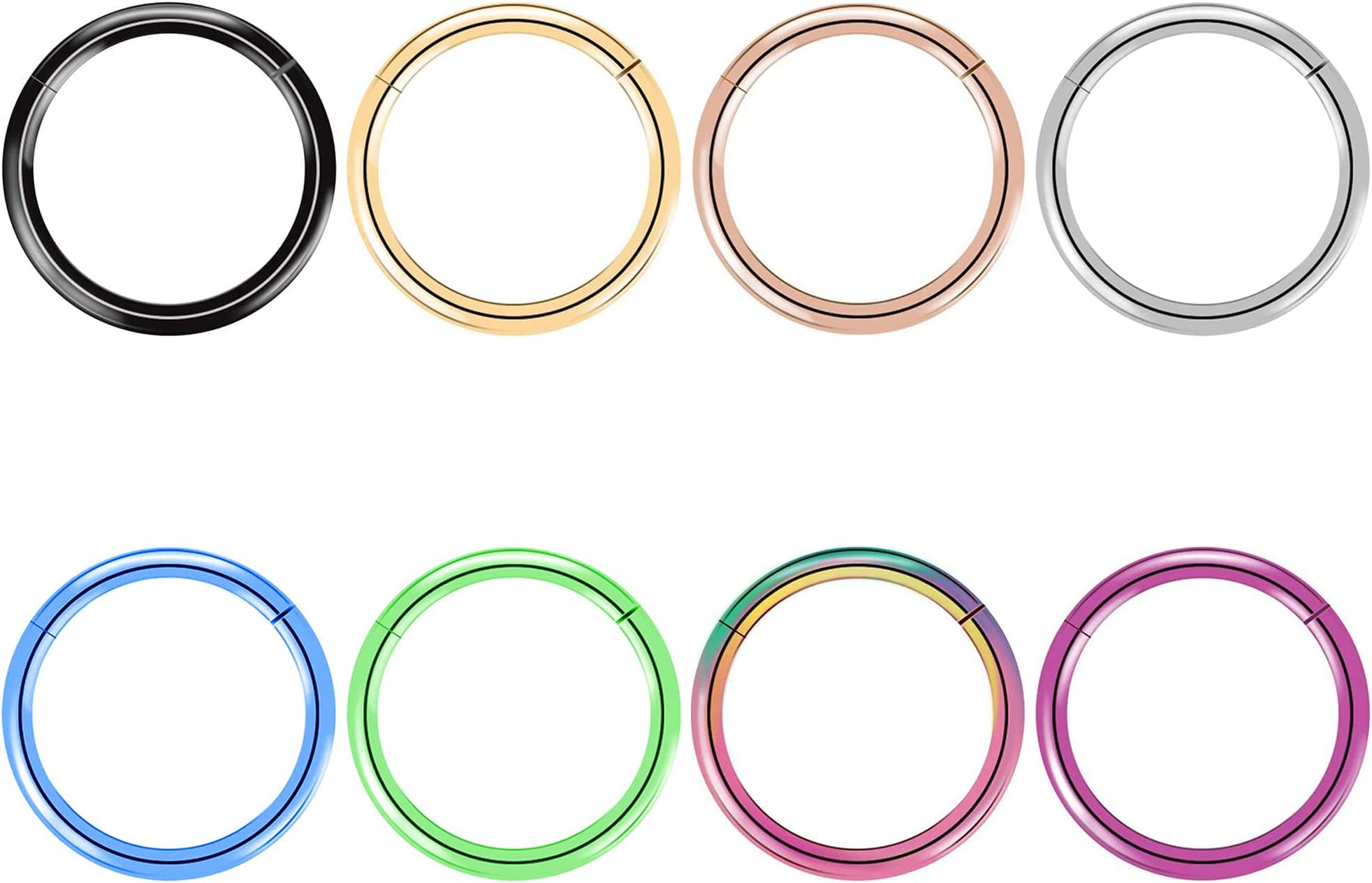 BOGKU8pcs Titanium Nose Ring Hoops Septum Hinged Nose Rings 20G 18G 16G Diameter 6mm-10mm Black/Silver/Gold/Rose Gold/Pink/Blue/Green/Rainbow Cartilage Conch Helix Rook Hoop Earrings