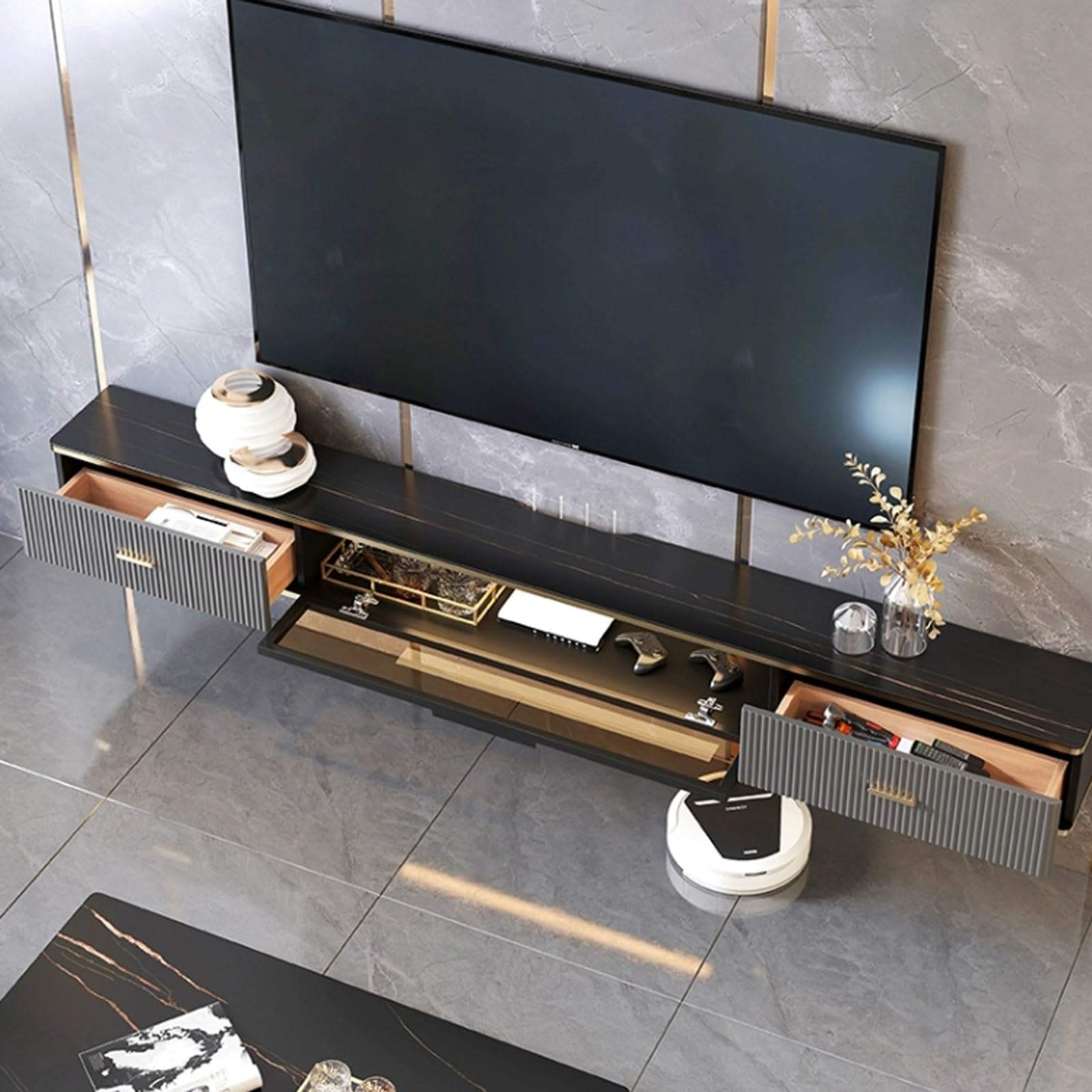 Soporte flotante de pared para TV de 70.5 pulgadas, 78.7 pulgadas, estante de madera con parte superior de pizarra, consola moderna para televisores, elegante centro de entretenimiento montado en la
