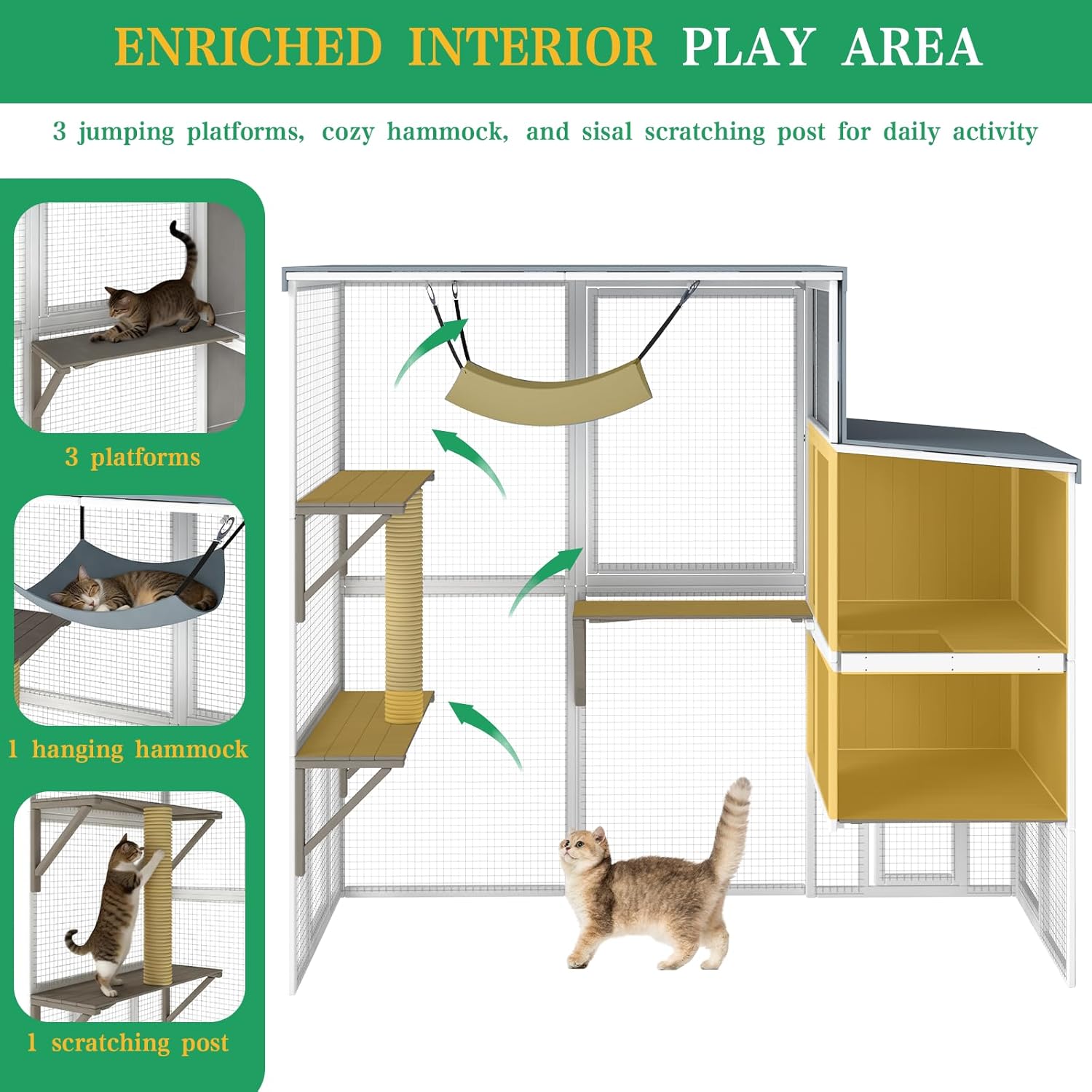 Large Walk-in Catio Outdoor Cat Enclosure, 75" Wooden Cat House for Multiple Indoor Outdoor Cats, Multi-Level Platforms, Hammock & Scratching Post, Dual-Zone Design