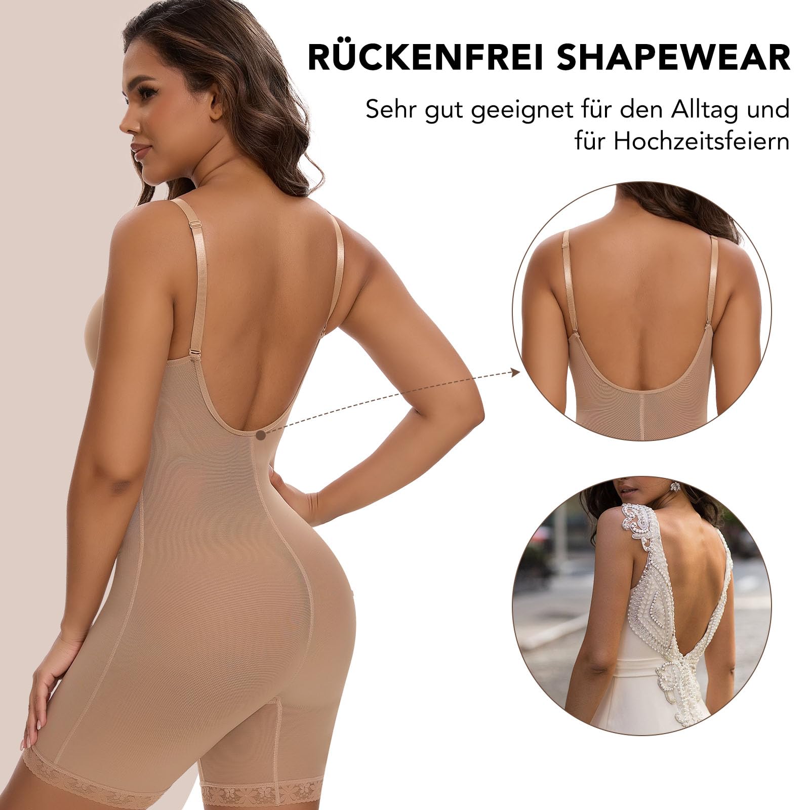 SHAPERIN Rückenfrei Formende Bodysuit Damen Shapewear Bauchweg Body mit Push Up BH Full Body Shaper Tiefer U Ausschnitt