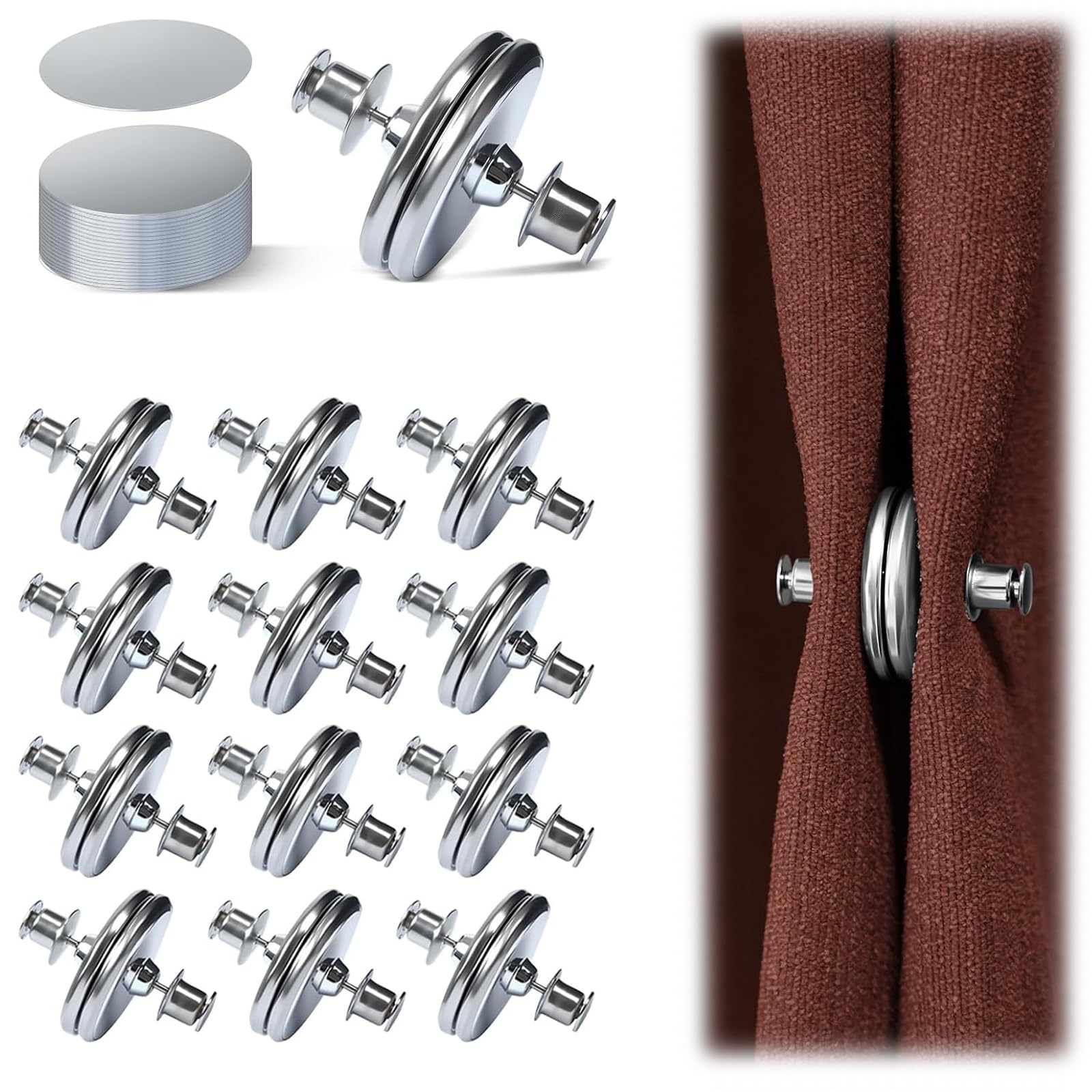 FrostyFlair Shower Curtain Magnet, 12 Pairs of Curtain Magnetic Button with 24 Pieces Self-Adhesive Patch, Tiebacks for Curtains, Curtain Holders for Shower, Bedroom, Office