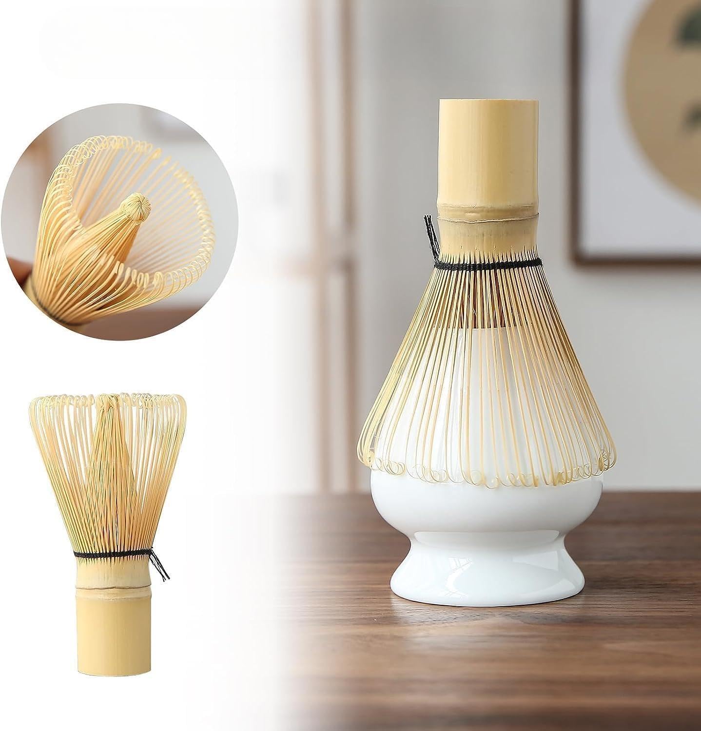 Japanese Matcha Set with Whisk and Bowl, Matcha Tea Ceremony Accessory Kit, Whisk, Black Ceramic Bowl, Black Whisk Holder, Traditional Scoop, Perfect Set to Prepare a Traditional Cup of Matcha (White)