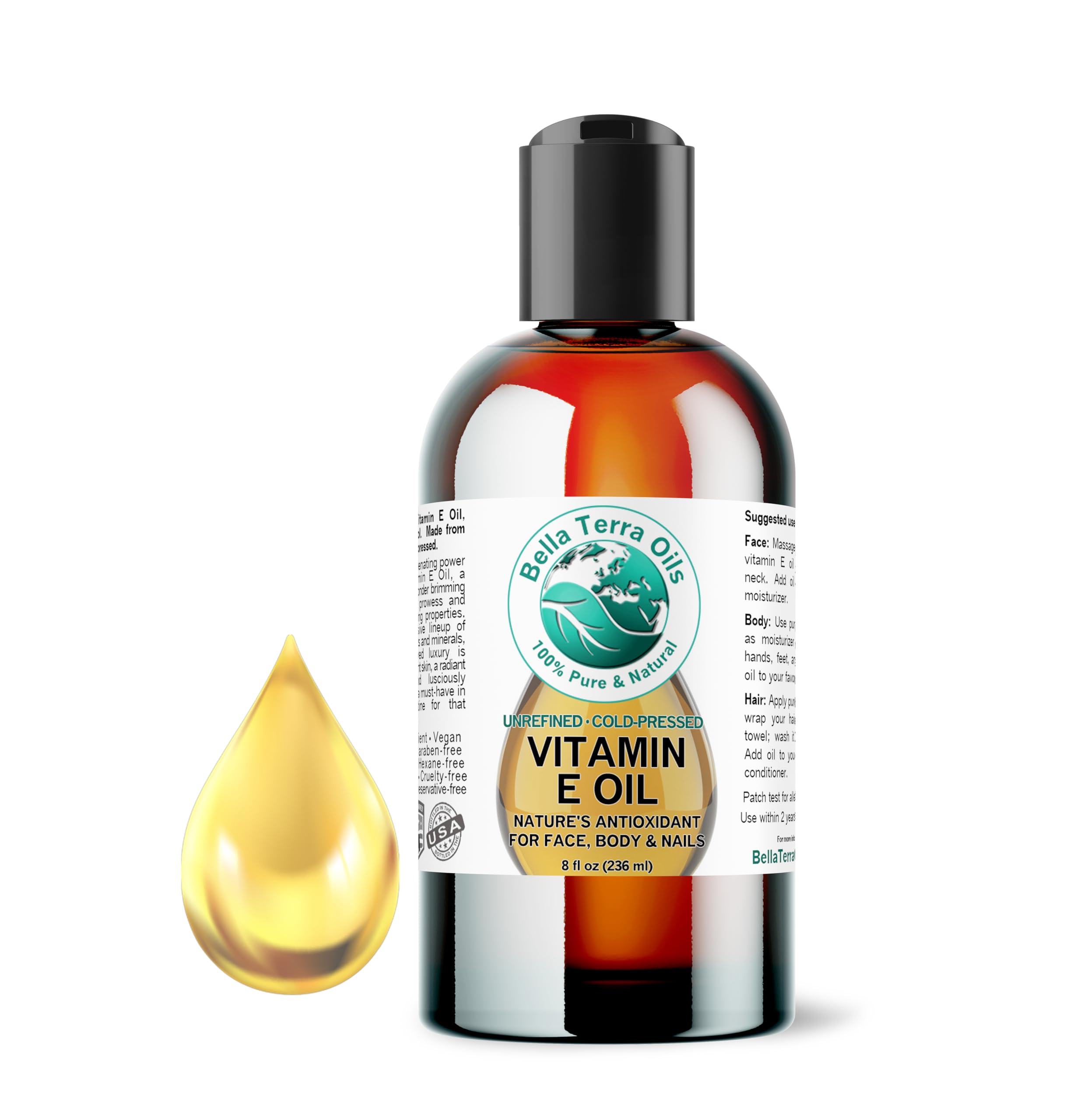 Bella Terra Oils - Organic Vitamin E Oil 8 oz - Luxurious Organic Wheat Germ Derived Oil, Abundant in Organic Vitamin E Antioxidants, Skin's Best Friend for a Radiant Glow