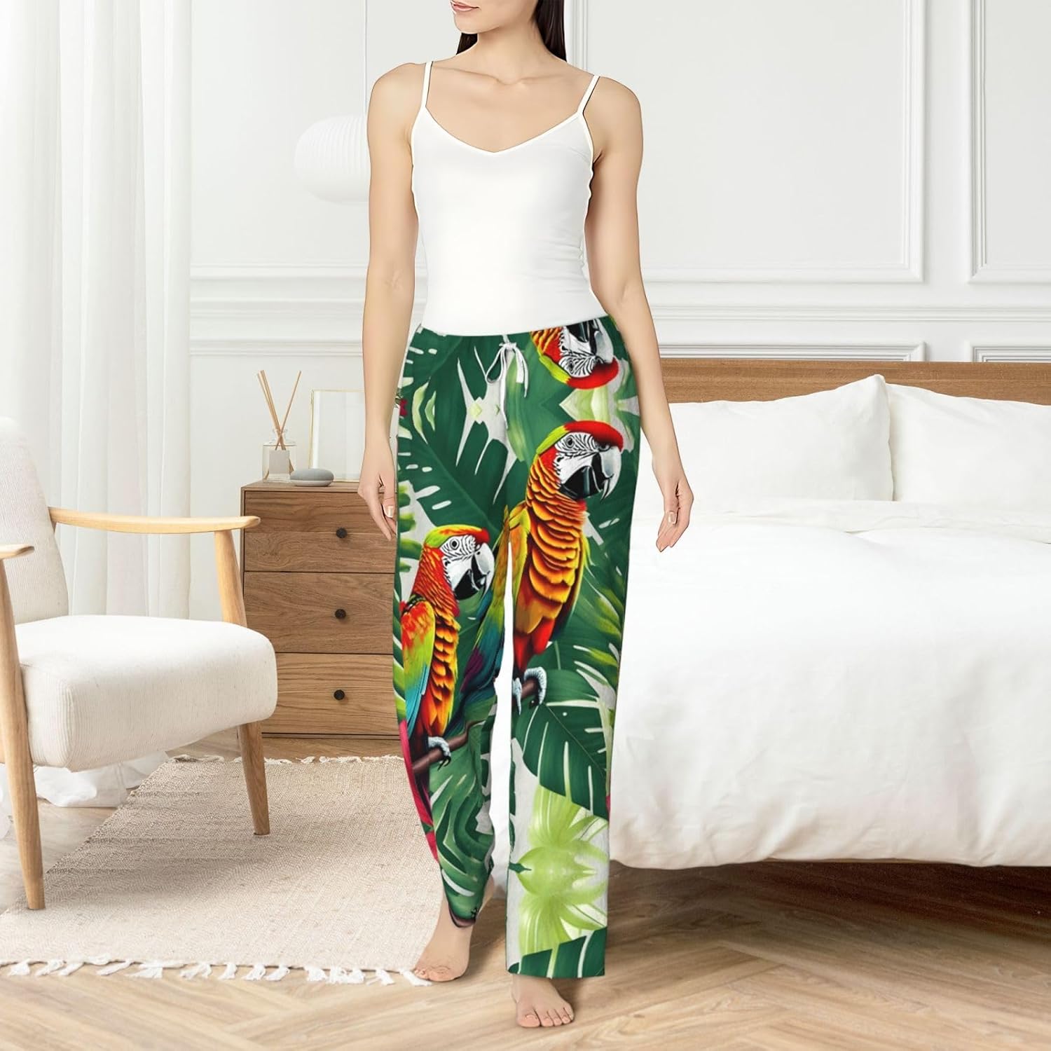 Tropical Flower Leaf Parrot Print Cozy Christmas Pajama Pants,Flannel Pajama Bottoms,Cater To Various Body Types