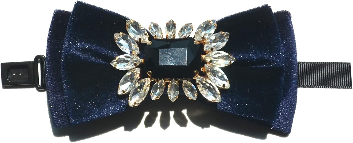 Inlay Black Imitation Diamond Flower Double Deep Blue Velvet Deck Bowtie
