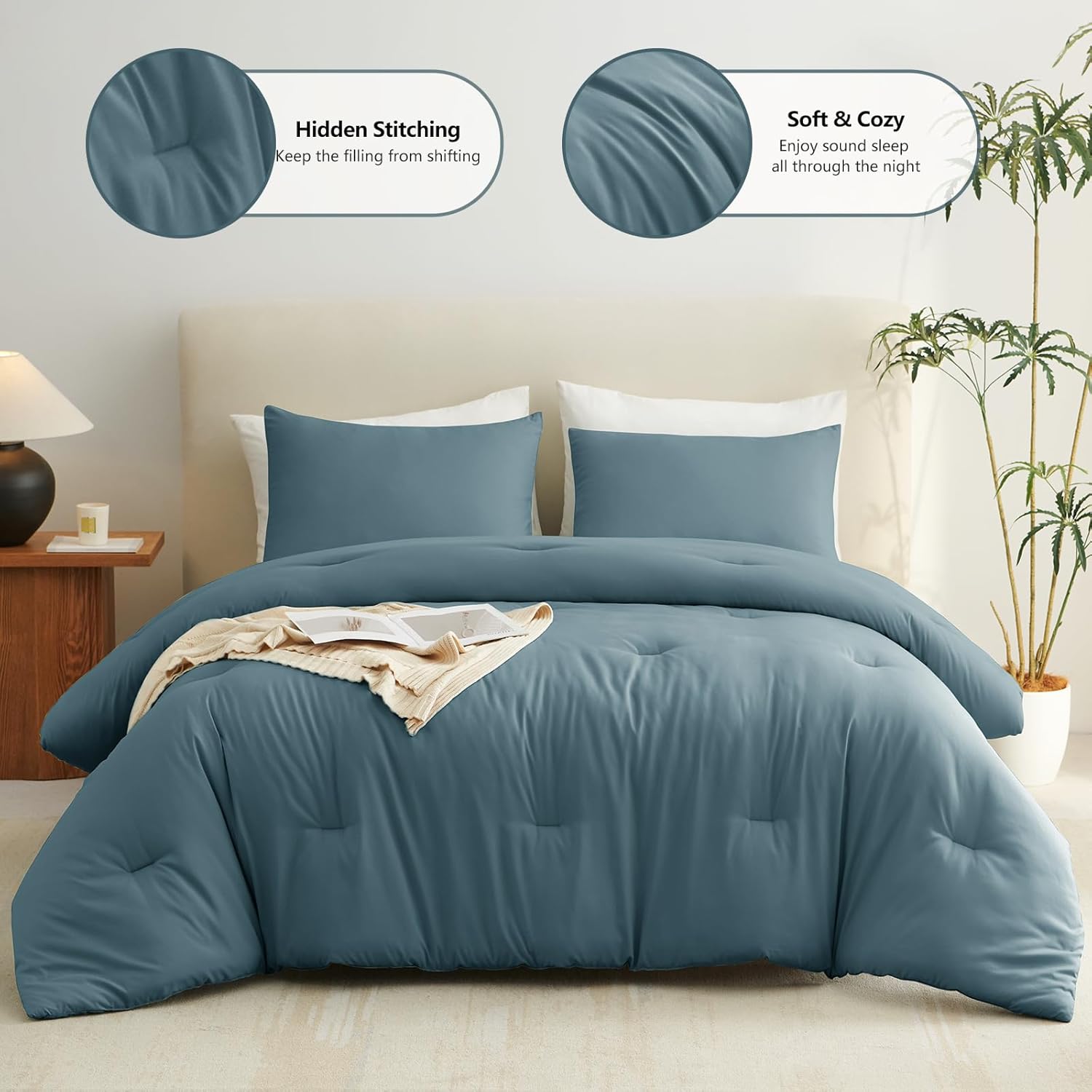 CozyLux Queen Comforter Set Mineral Blue, 3 Pieces Solid Comforters Queen Size Breathable Bedding Sets, Luxury Soft Lightweight Bed Set with Down Alternative Comforter and 2 Pillowcases All Seasons