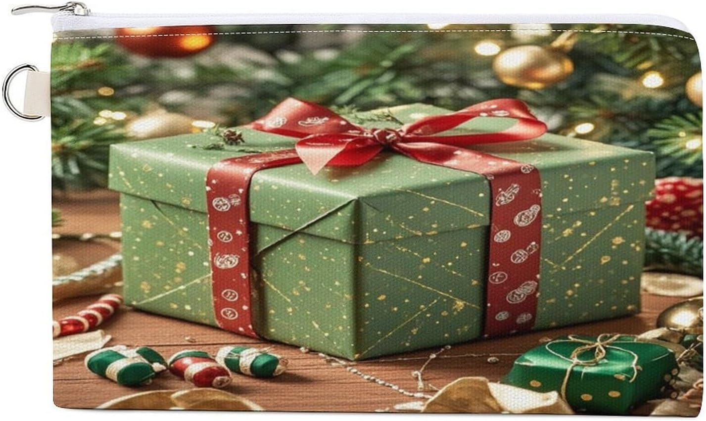 Wrapped Christmas Gift Coin Purse Coin Pouch with Zipper for Men Women Portable Change Wallet Canvas Coin Bag