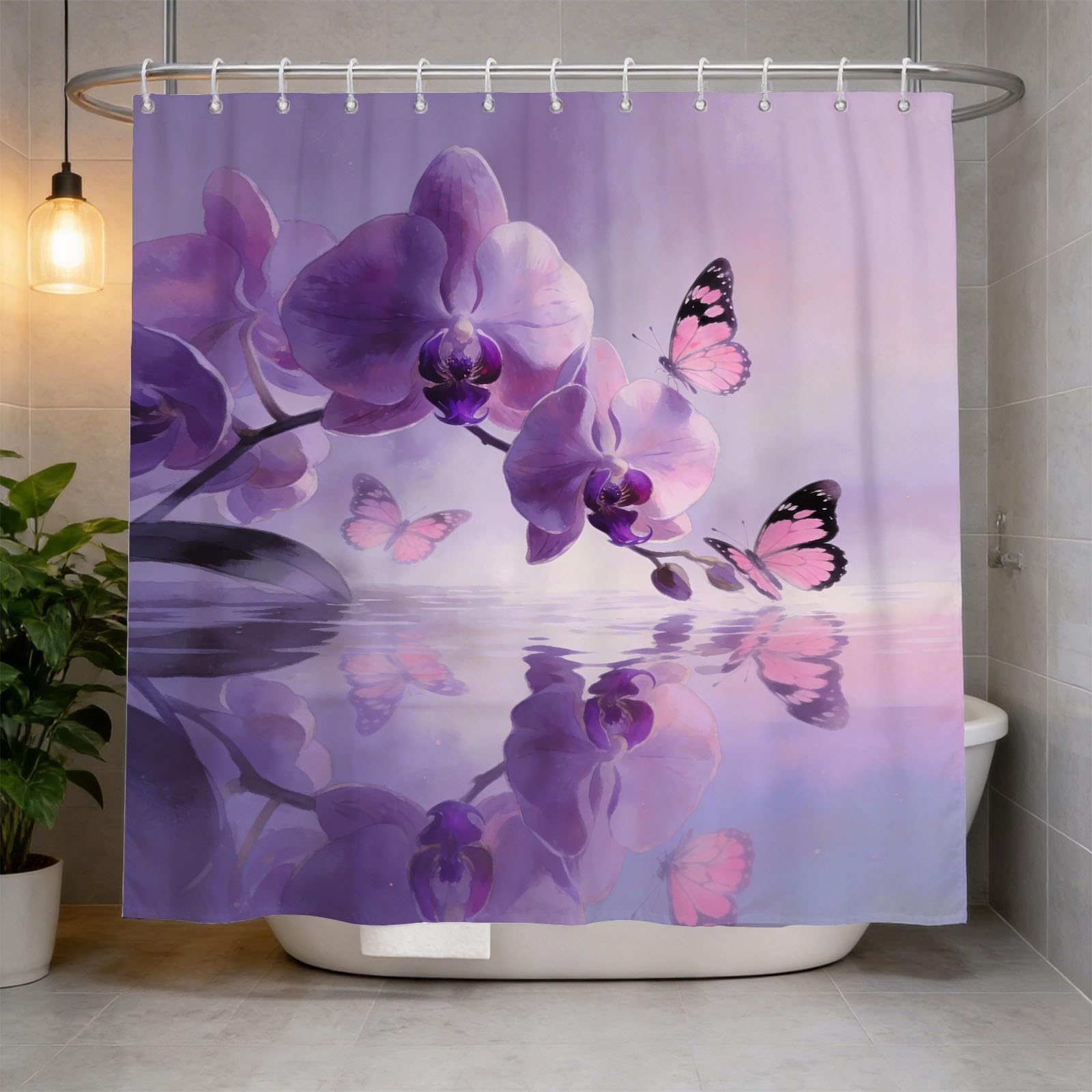 Hongduo 3D Phalaenopsis Orchid Shower Curtain for Stalls Bathtubs Purple Orchid Bathroom Decor Shower Curtain Set Polyester Fabric Waterproof 120x180cm/48X71 Inch with Hooks