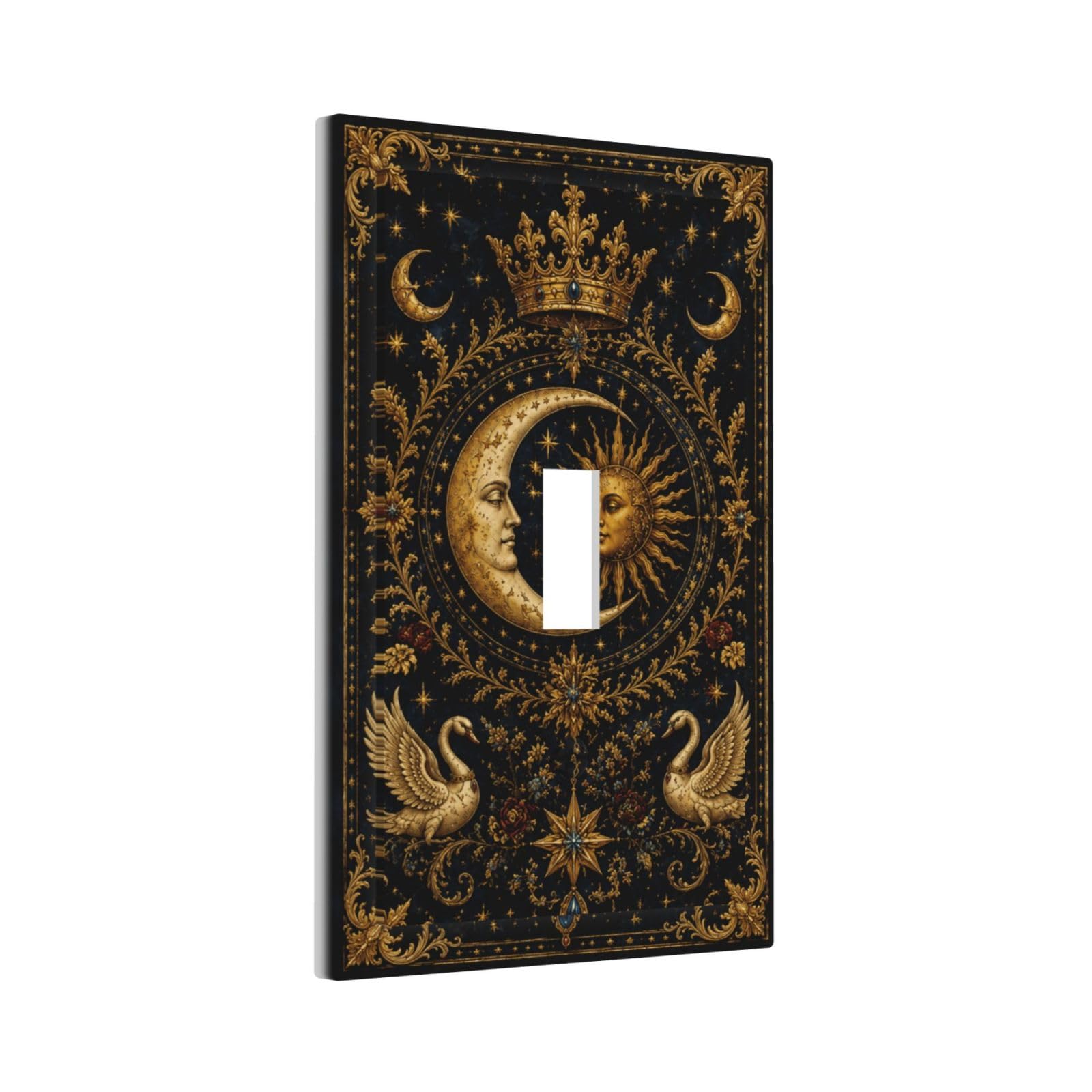 Thsanju Celestial Sun Moon Fantasy Outlet Covers 1 Gang Duplex Wall Plate Decorative Royal Gold Magical Fantasy Single Light Switch Cover Electrical Receptacle Switchplate Faceplate For Home Decor