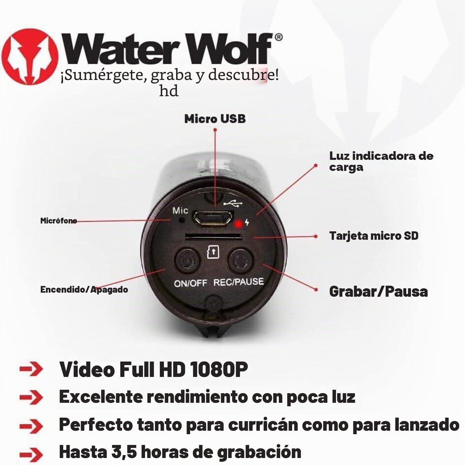 WaterWolf 2.0 WiFi Cámara de Acción Subacuática para Pesca - 1080p HD Cámara Subacuática 120 Grados Gran Angular 100m Cámara Sumergible con Kit de Accesorios