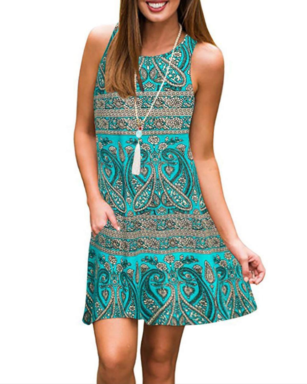ABYOVRT Abravo Mujer Vestido Camiseta Estampado Floral Manga Larga Vestido Casual Corto Playa con un Bolsillo