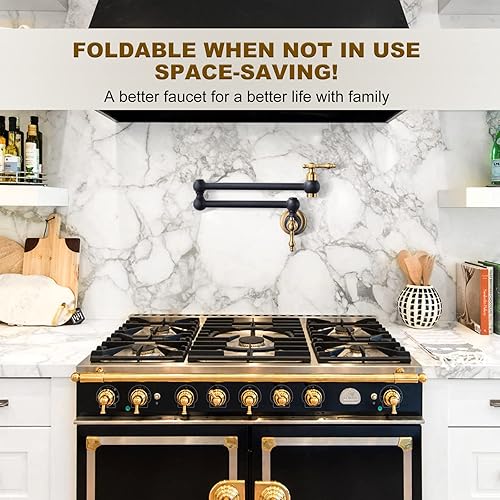 Miniatura 32 de WOWOW Grifo de llenado de ollas doradas, grifo plegable de cobre de montaje en pared, 2 manijas con brazos oscilantes de doble junta, grifo