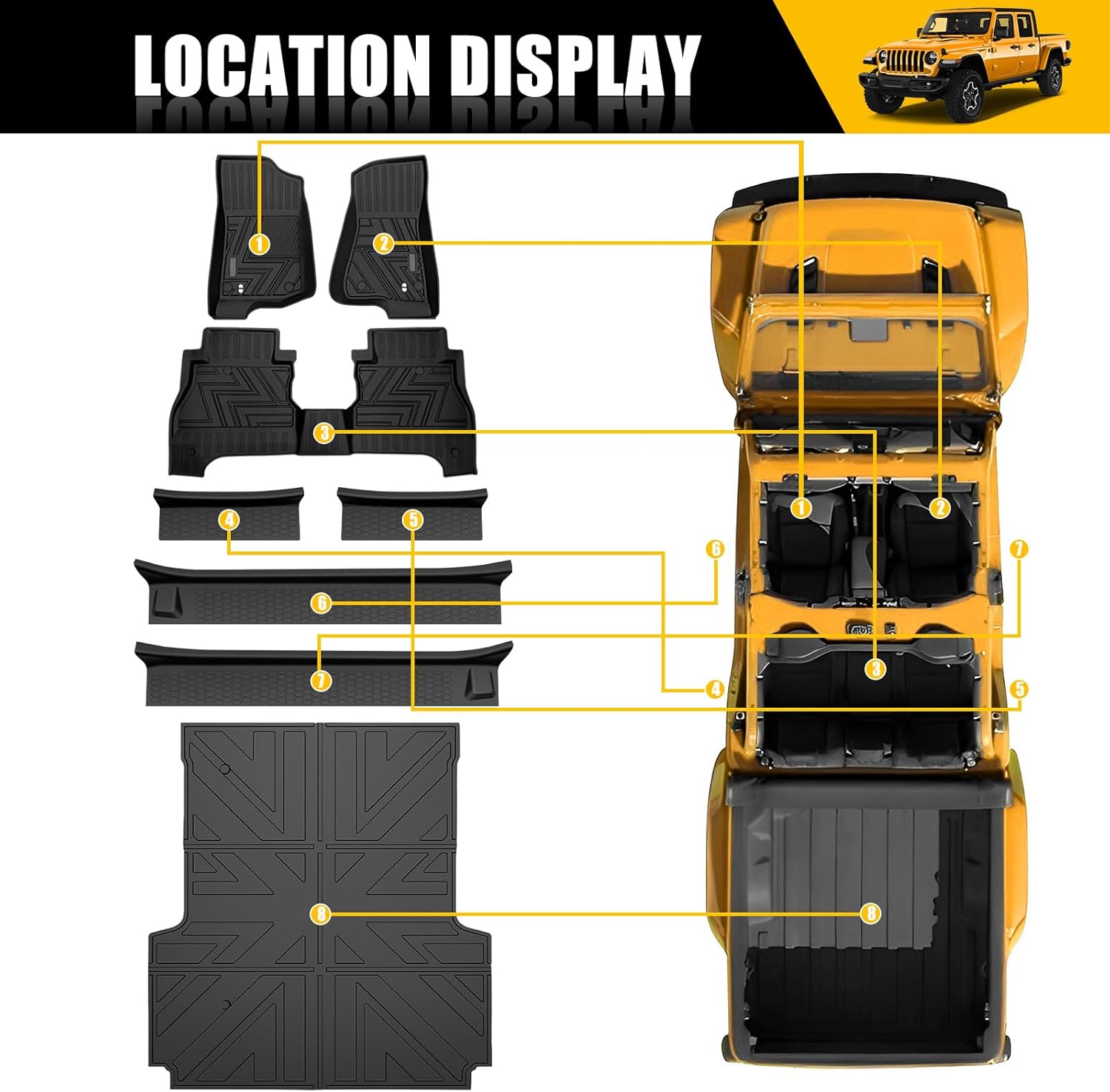 Bed Floor Mats & Door Sill Guards for 2020-2025 Jeep Gladiator JT 4 Door, All Weather Truck Floor Liners Bed Mat(5FT) with Door Sill Protector for 2020-2024 2025 Gladiator Pickup Accessories