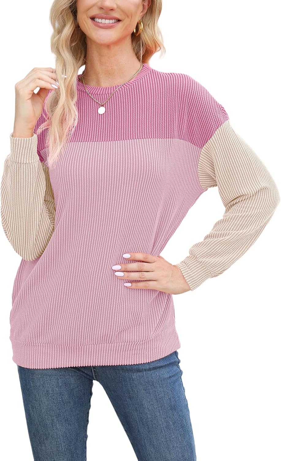 AXOSY Women Long Sleeve Shirts Oversized Crewneck Tunic Colorblock Sweatshirt Loose Fashion Pullover Top