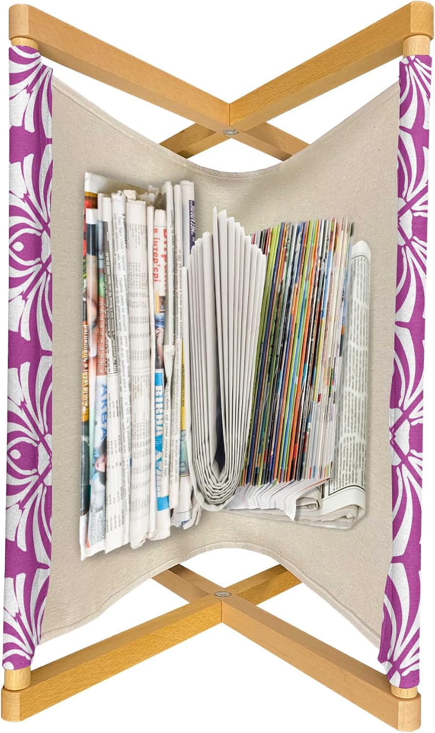 Lunarable Floral Magazine and Book Holder, Art Deco Pattern Monochrome Illustration of Repetitive Abstract Flowery Motifs, Decorative Floor Rack Organizer for Living Room, 22"x19", Fuchsia White