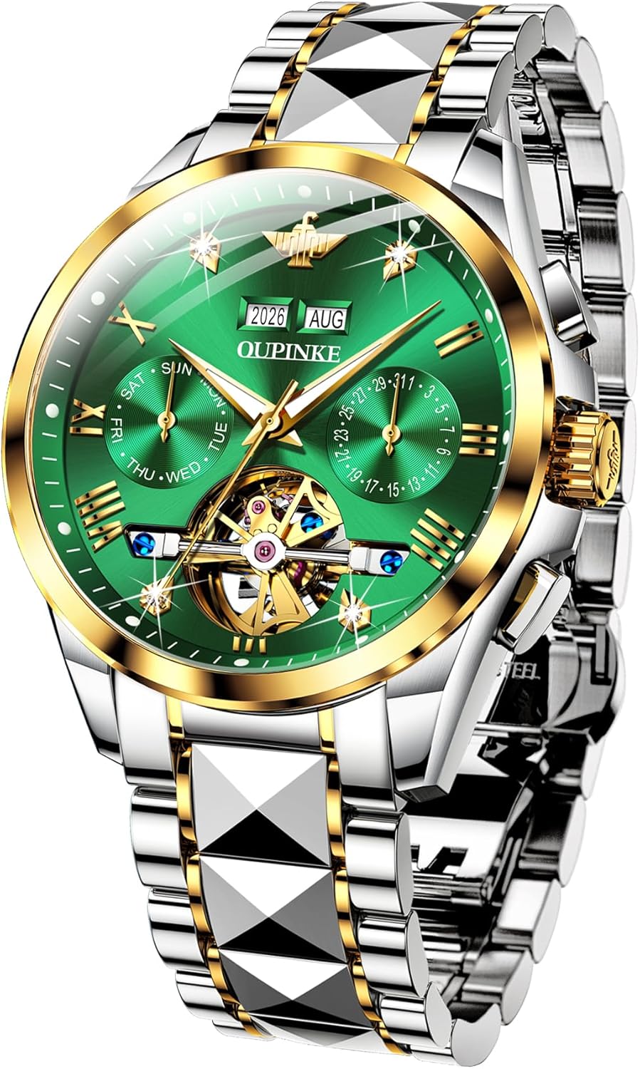 OUPINKE Mens Automatic Watches Diamond Skeleton Self Winding Luxury Dress Wrist Watch Sapphire Crystal Tungsten Steel